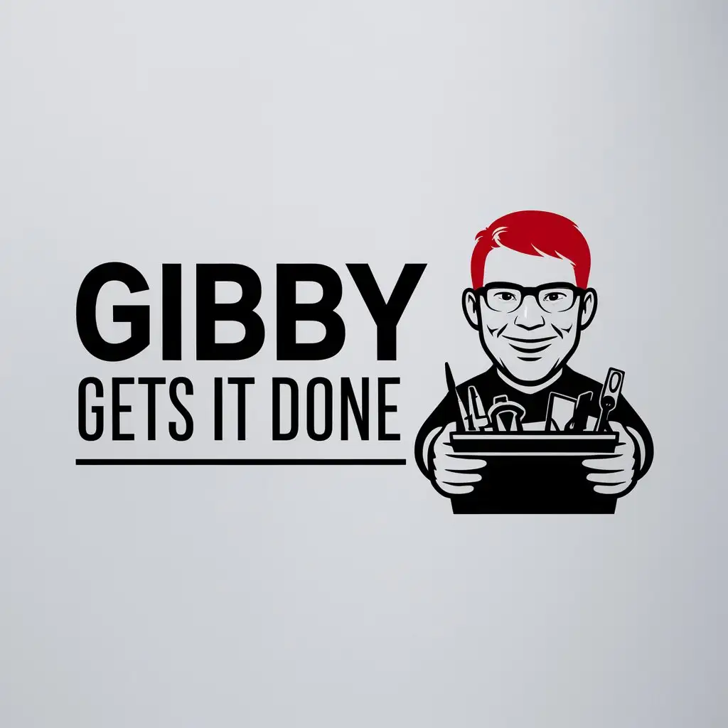 a logo design,with the text "Gibby Gets It Done", main symbol:Image of a handyman who has short red hair, glasses, and no beard holding a toolbox. No background.,Moderate,be used in Construction industry,clear background