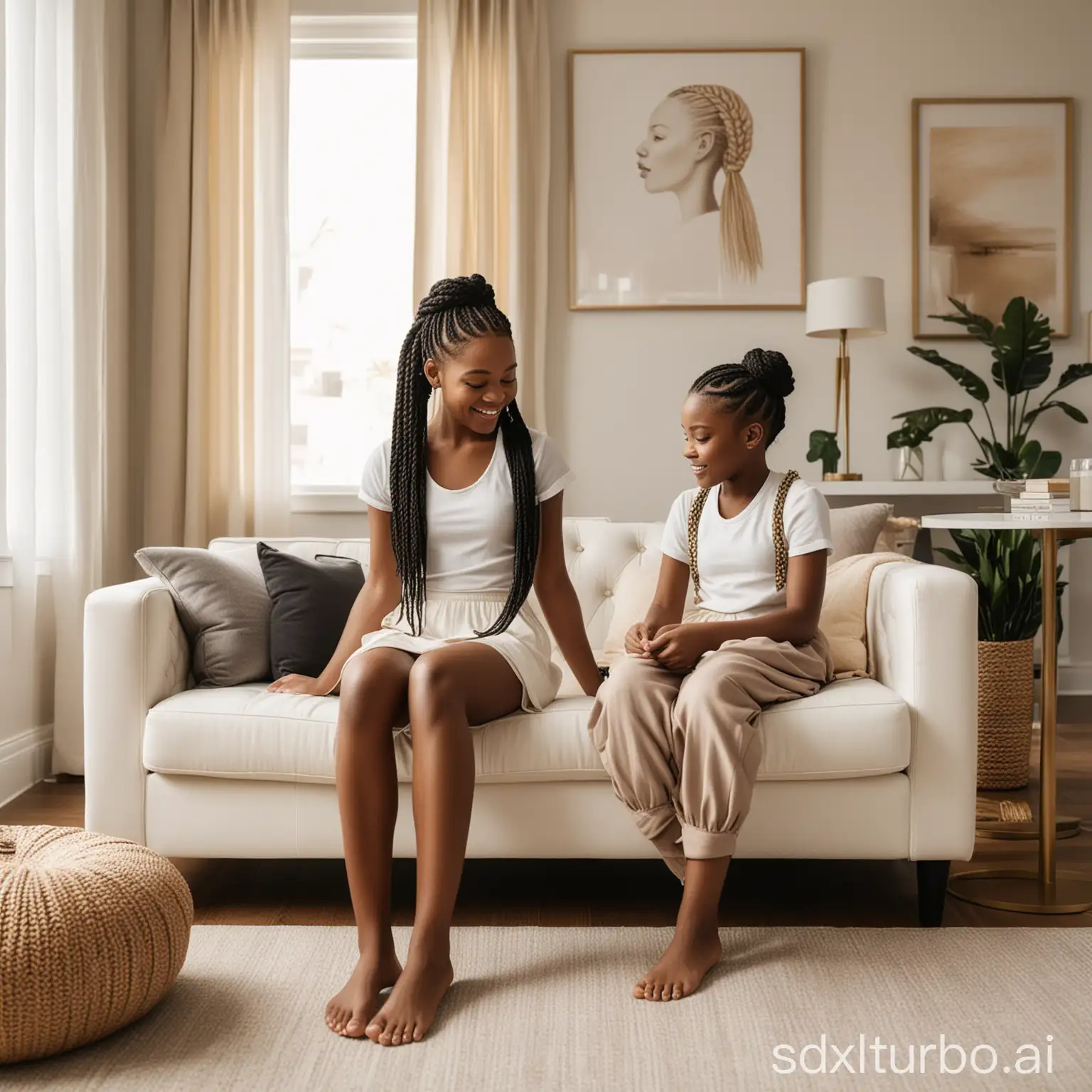 living room with modern black, gold, and white furniture, ordinary bright, minimalism, sun, realism, furnished. One african american woman with braids is braiding the hair of a little six year old african american girl as the lady sits on the couch and the little girl sits next toa her feet on the floor