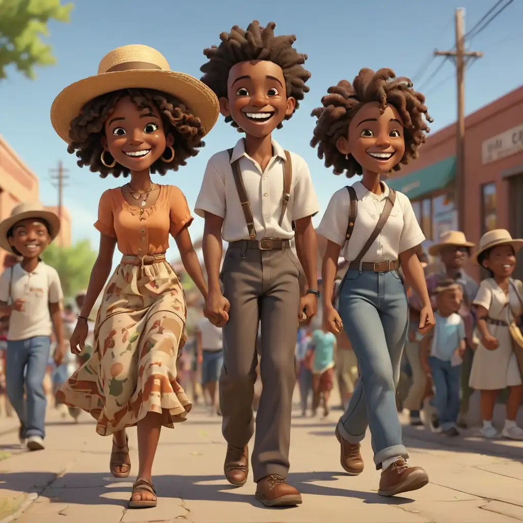 detailed 3D cartoon-style juneteenth african americans smiling and walking to the community center in new mexico 