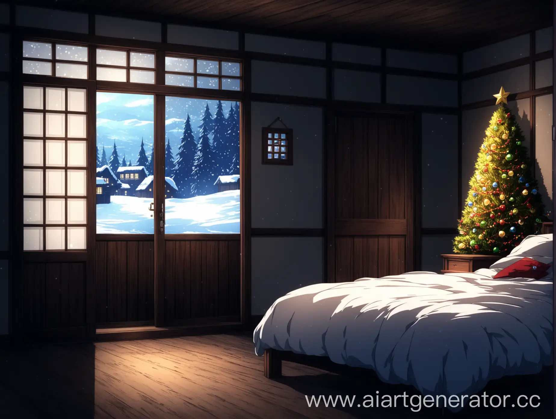 Тёмная деревянная комната с большой кроватью у стены праздничной обстановкой за окном зима в супер аниме стиле осмотр из-за двери вид за дверью
