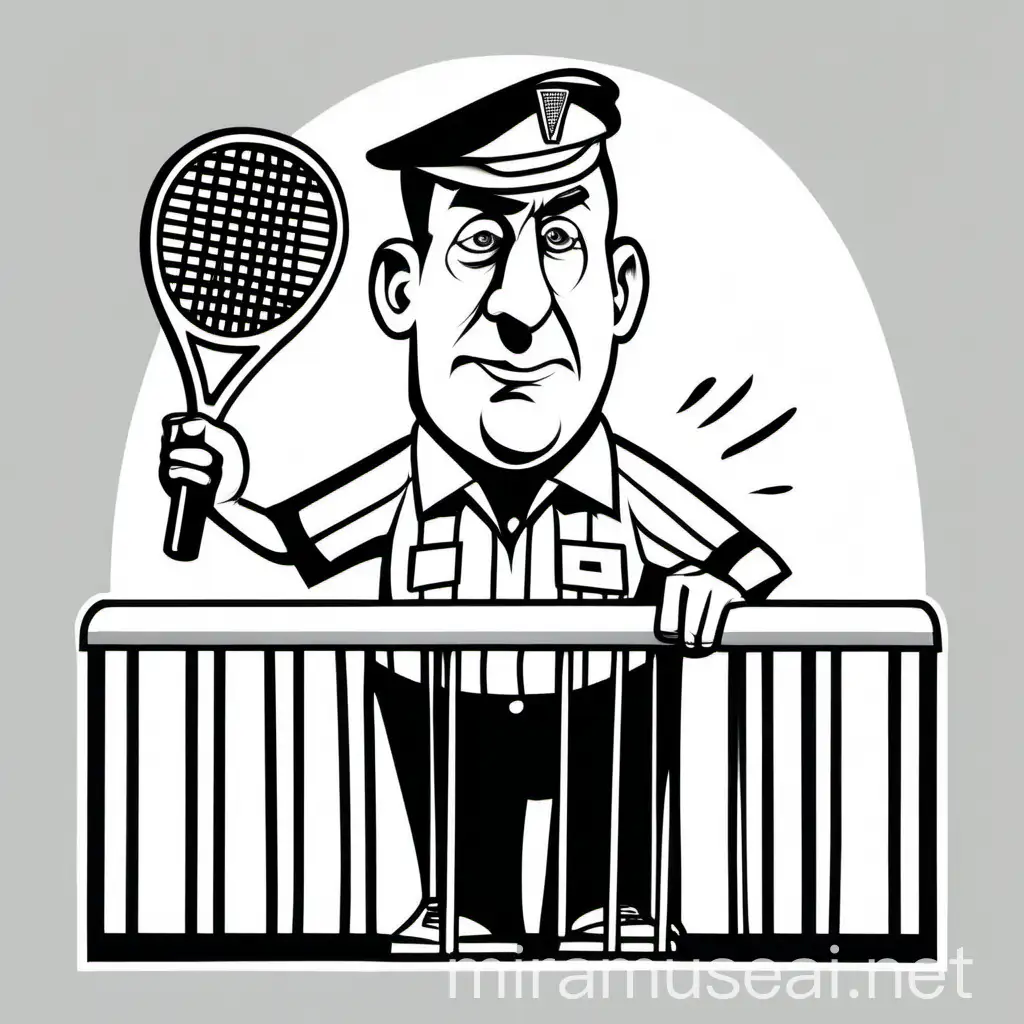 a tennis referee with a tennis bat and a whistle, in a pen caricature style, black and white