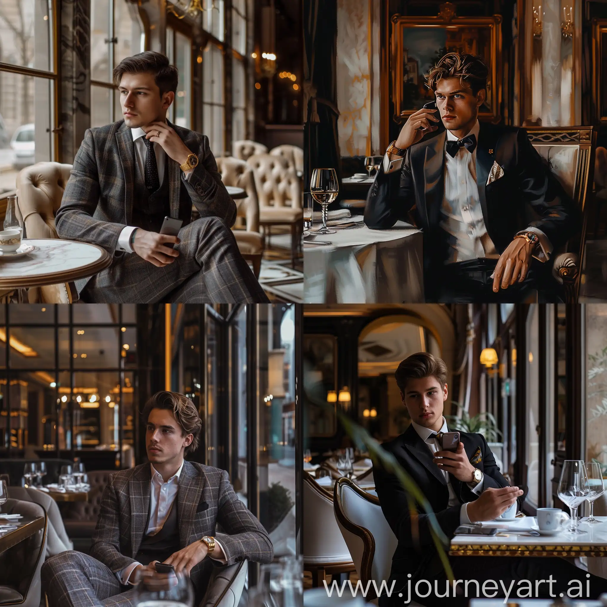 Stylish-Young-Man-in-Classic-Suit-with-Gold-Watch-at-Restaurant-Window