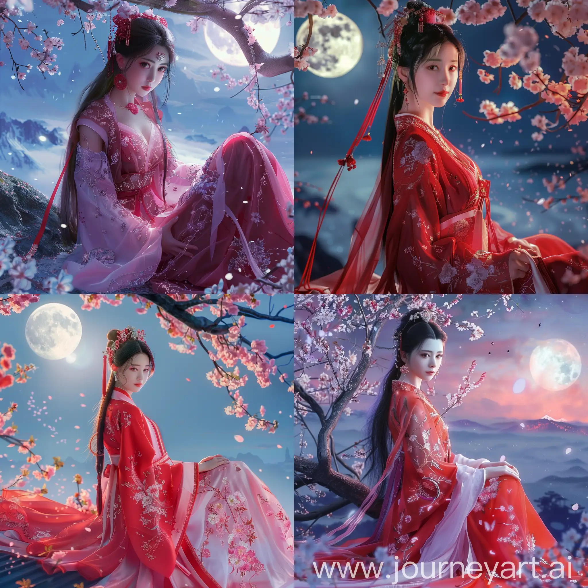 Chinese-Beauty-in-Red-Hanfu-Under-Peach-Blossom-Tree