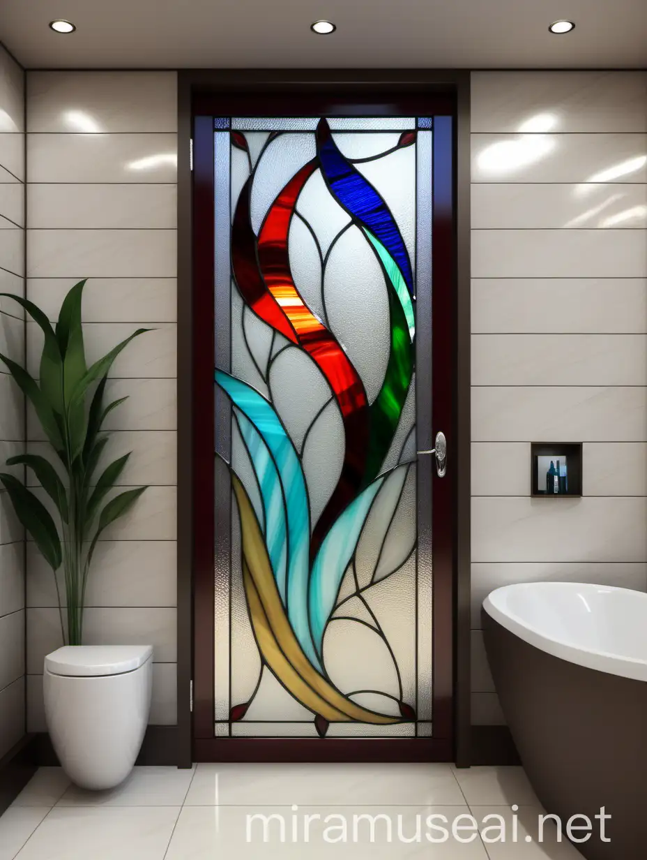 Multicolored Stained Glass Tiffany Door in Serene Bathroom Setting