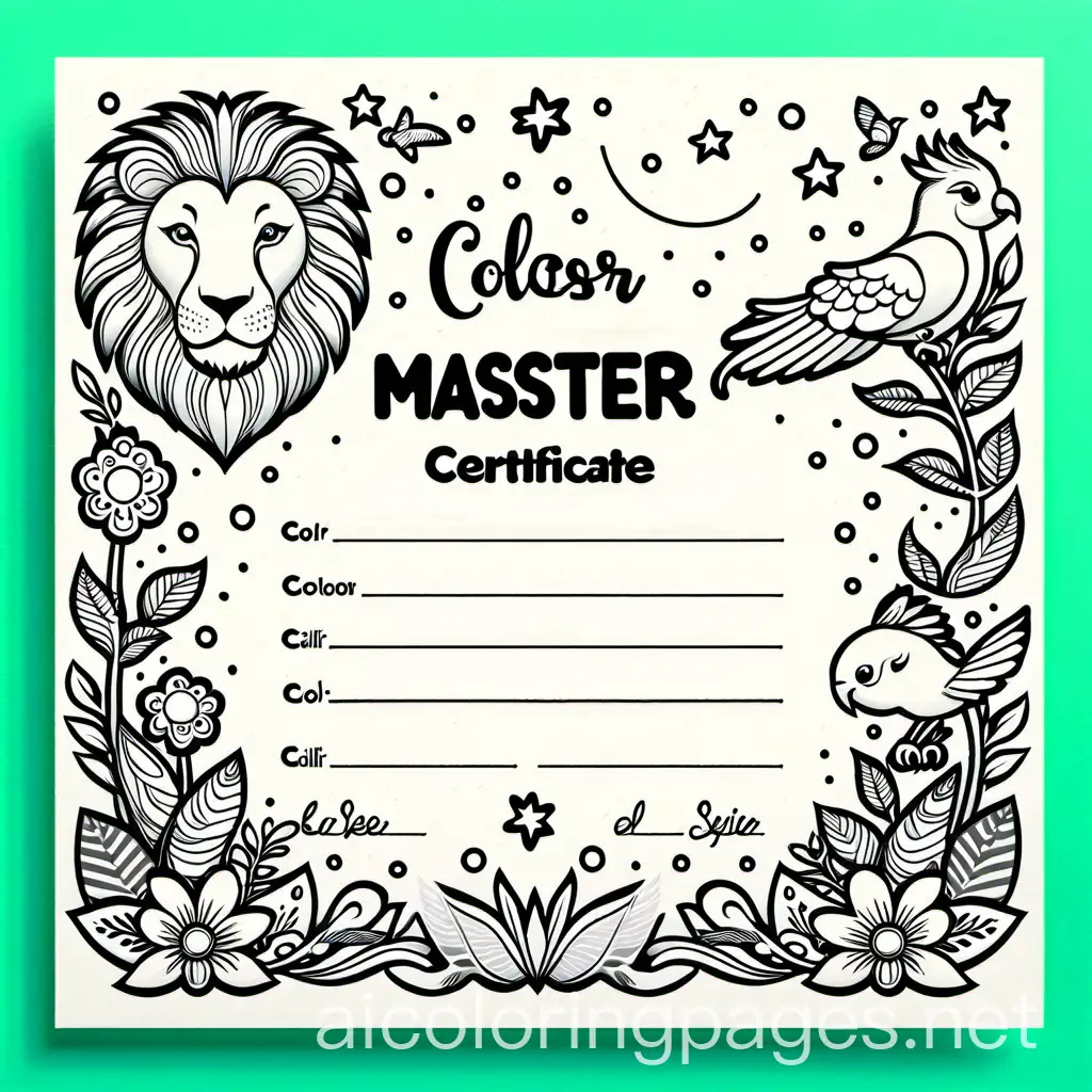 Vibrant-Animal-Coloring-Certificate-with-Lion-Elephant-and-Parrot-Illustrations