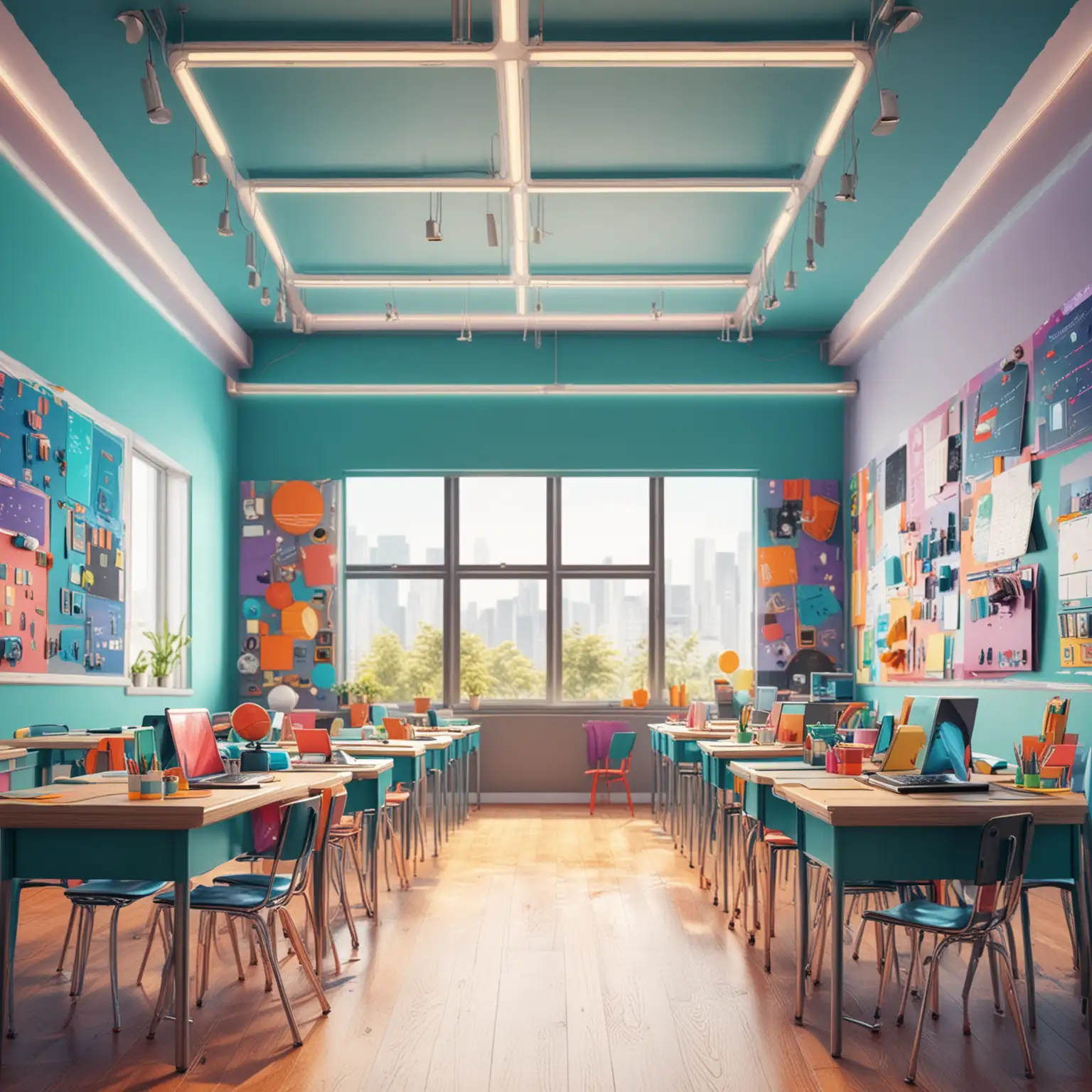 bright classroom with bold vibrant colors. elements of futuristic technology. mood of cheerful --ar--sref: <https://miramuseai.net/record/151056->