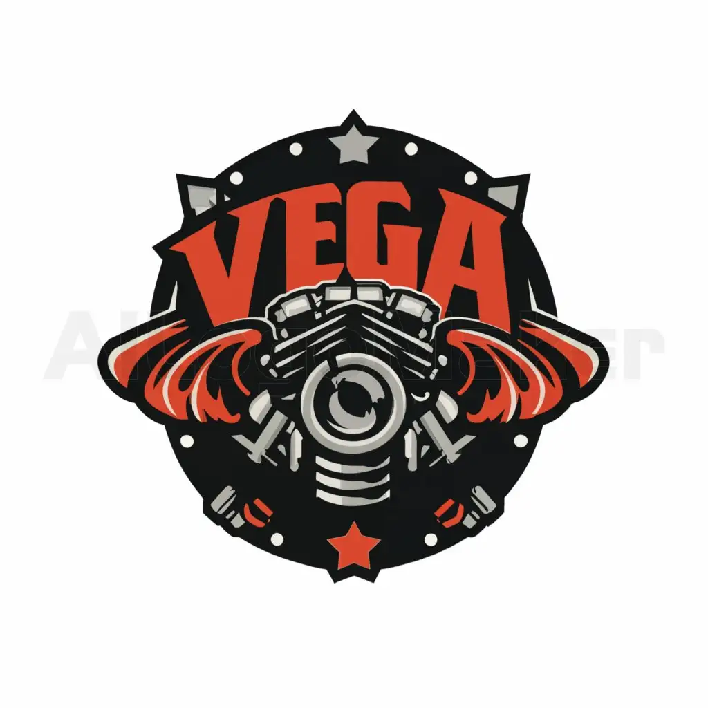a logo design,with the text "Vega", main symbol:In American style, bolts, nuts, motorcycle engine,complex,be used in Sports Fitness industry,clear background