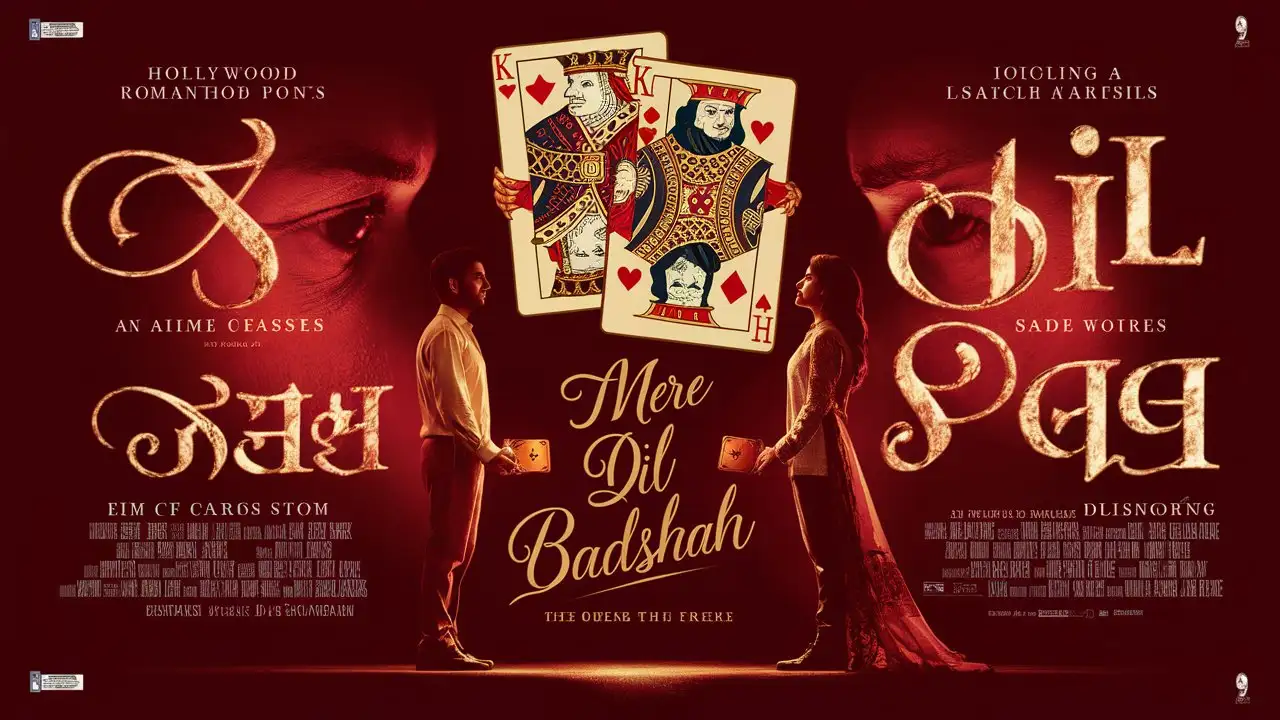 You're a creative graphic designer tasked with designing a Hollywood movie-style poster for a romantic film titled "Mere Dil Ka Badshah." The poster should depict a couple standing on opposite sides in a romantic mood, both holding a king of cards in their hands. In the middle, there should be a prominent image of the king of cards. Capture the essence of love, mystery, and sophistication in the poster to attract viewers and convey the theme of the movie effectively. Ensure the colors, fonts, and overall design elements align with the romantic and royal vibe of the movie title.
Imagine creating a poster for a romantic movie where the main characters are portrayed in a classic yet captivating way. The design should be visually appealing and evoke a sense of intrigue and passion, enticing the audience to want to know more about the story behind "Mere Dil Ka Badshah."
Remember to focus on the couple's body language, facial expressions, and the way they interact with the king of cards to convey a compelling narrative that draws viewers in at first glance. The poster design should be engaging, elegant, and emotionally resonant, leaving a lasting impression on those who see it and sparking curiosity about the romantic tale that awaits in the movie. The title required in the poster, title :" Mere Dil Ka Badshah "