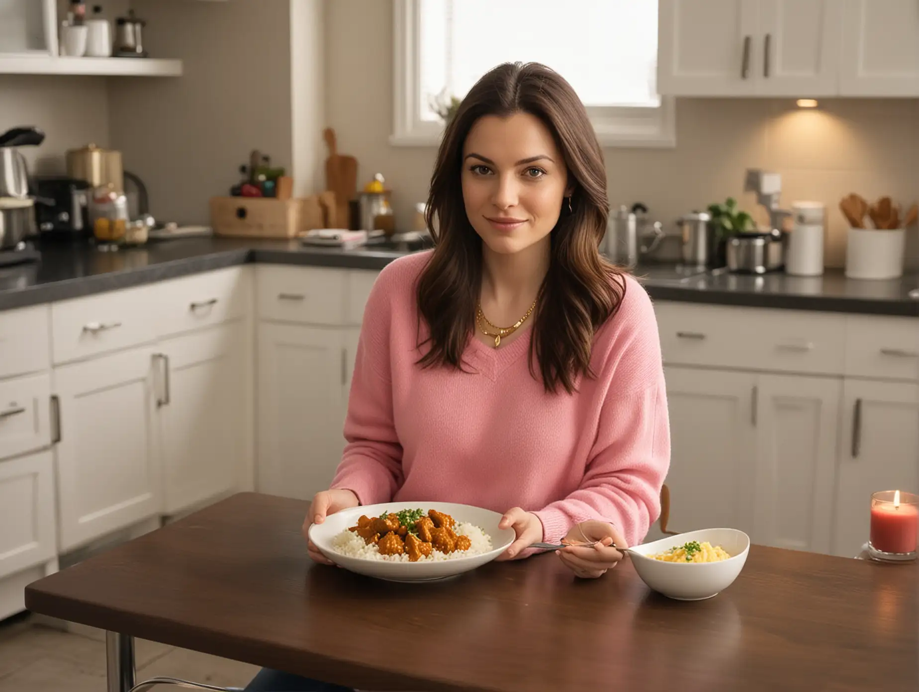 30 year old pale white woman with long dark brown hair blowout style parted to the right, pink sweater, gold necklace and blue jeans. She is seated in a chair next to kitchen table. The table has one plate of butter chicken and one bowl of white rice, high rise urban apartment background at night