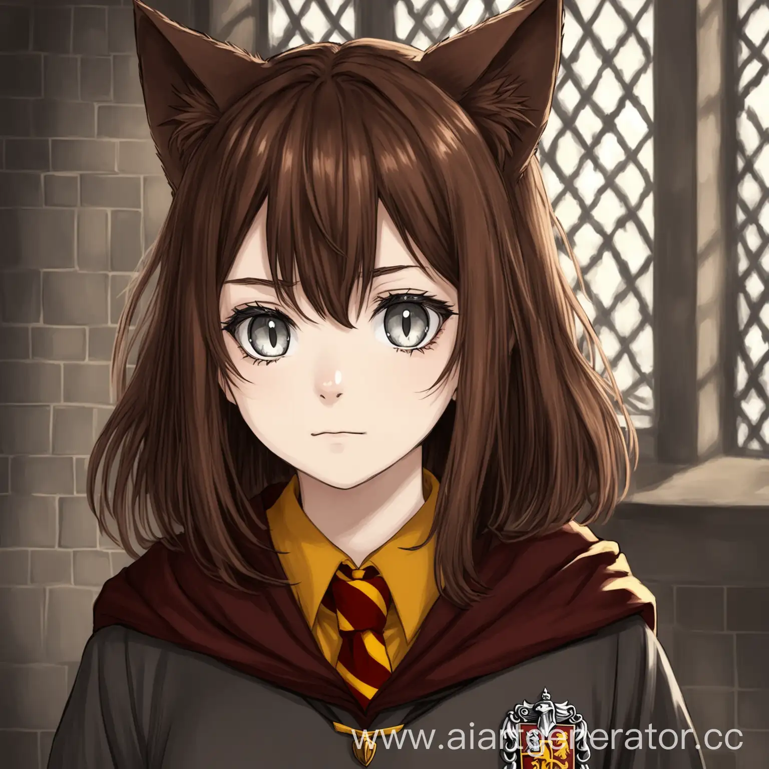 Девушка с кошачьими ушками ученица Гриффиндор коричневые волосы серые глаза 