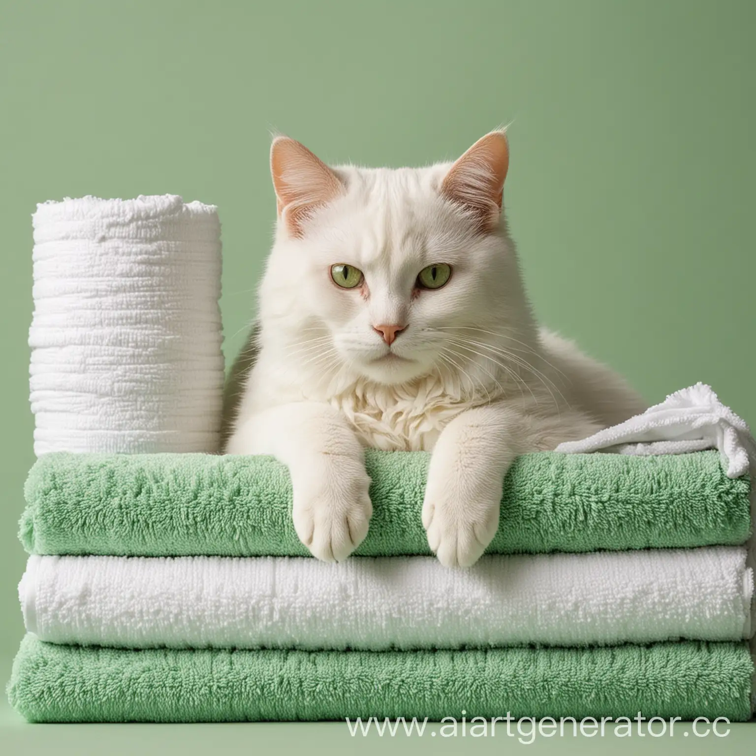 Calm-Cat-and-Stacked-Towels-in-Serene-WhiteGreen-Setting