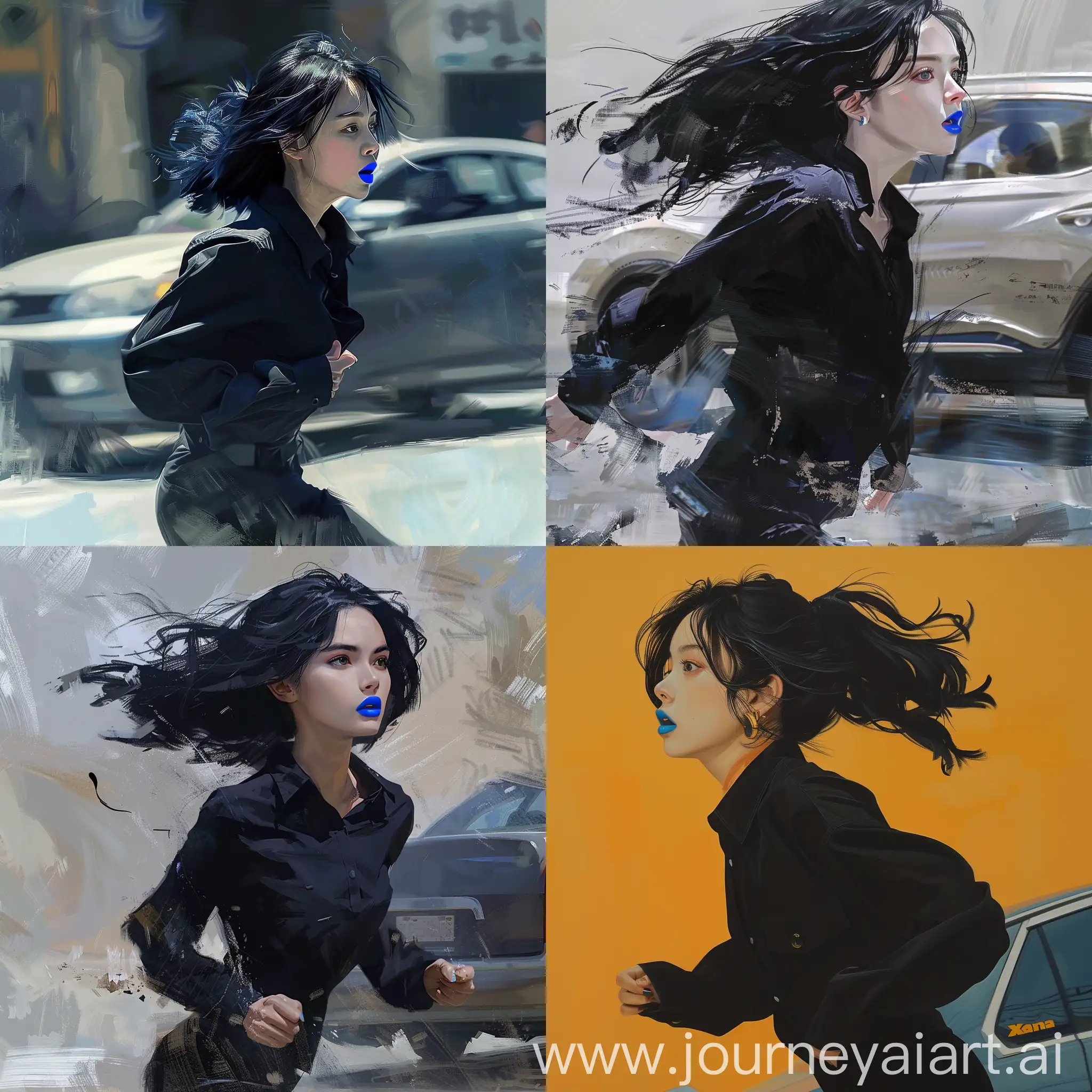 Красивая девушка с черными волосами, черная классическая  рубашка , синие губы, динамично бежит в сторону машины, фото в профиль, в полный рост, живопись 