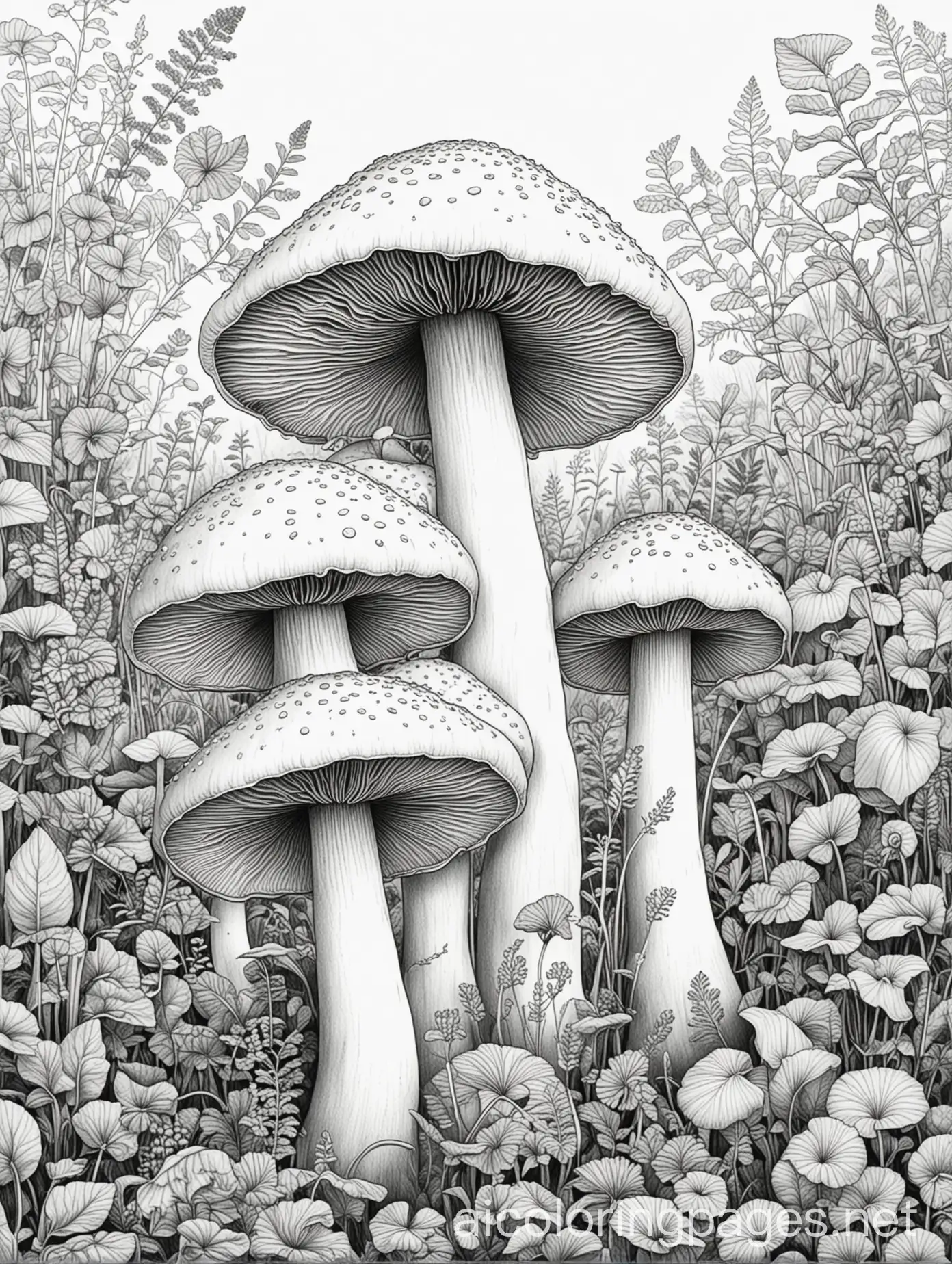 mushrooms in a garden, Coloring Page, black and white, line art, white background, Simplicity, Ample White Space