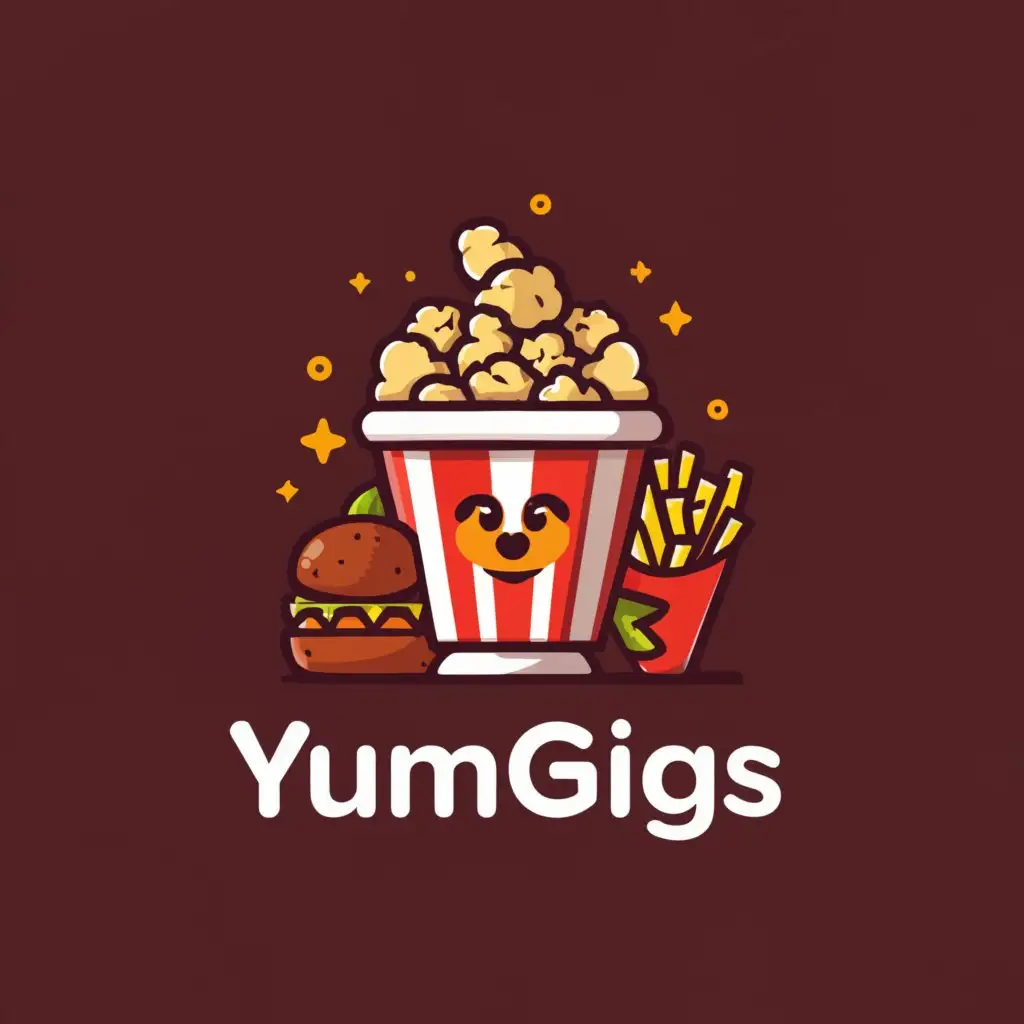 a logo design,with the text "YumGigs", main symbol:popcorn, nachos, burger, fries etc,complex,be used in Entertainment industry,clear background
