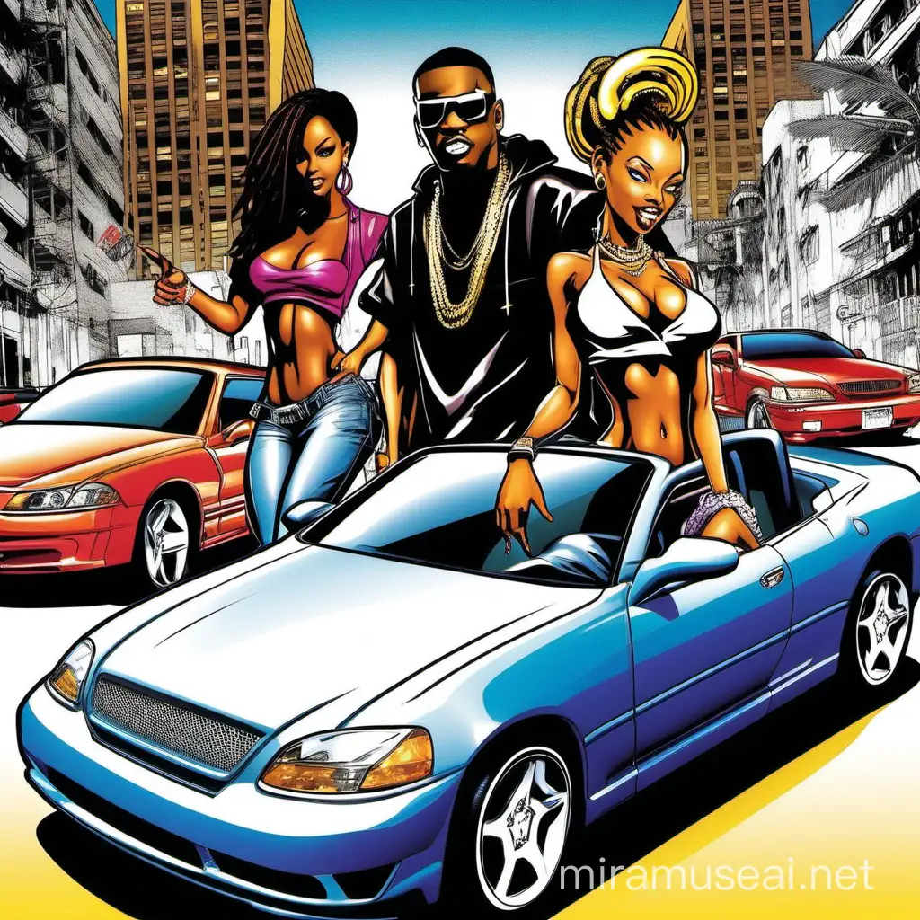 Rapper in Urban Cityscape with Flashy Cars and Stunning Girls Late 2000s Album Cover