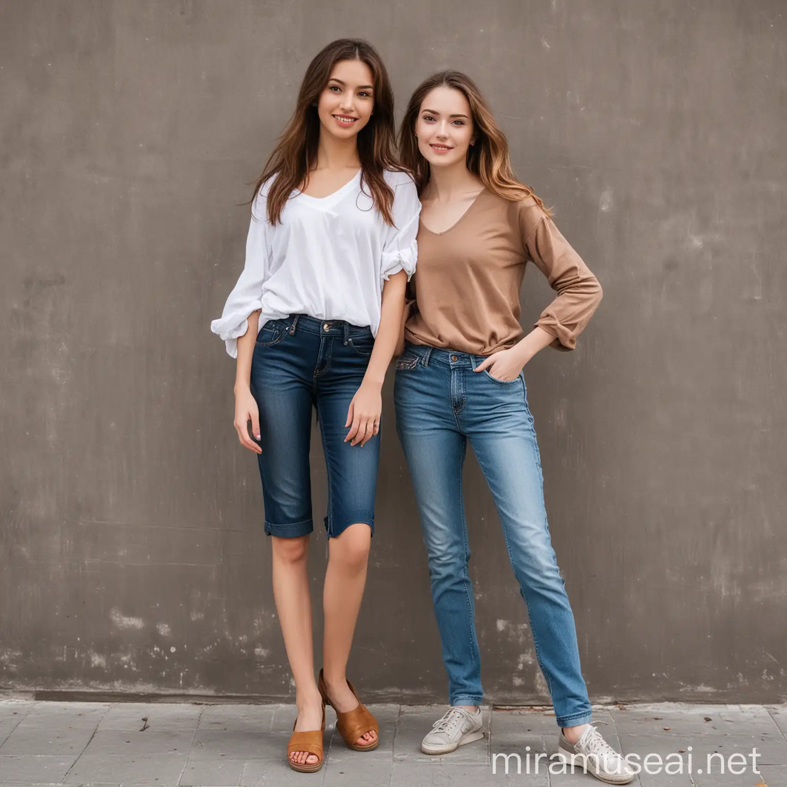 Two Stylish Women Standing Together Height Difference Fashion Pose