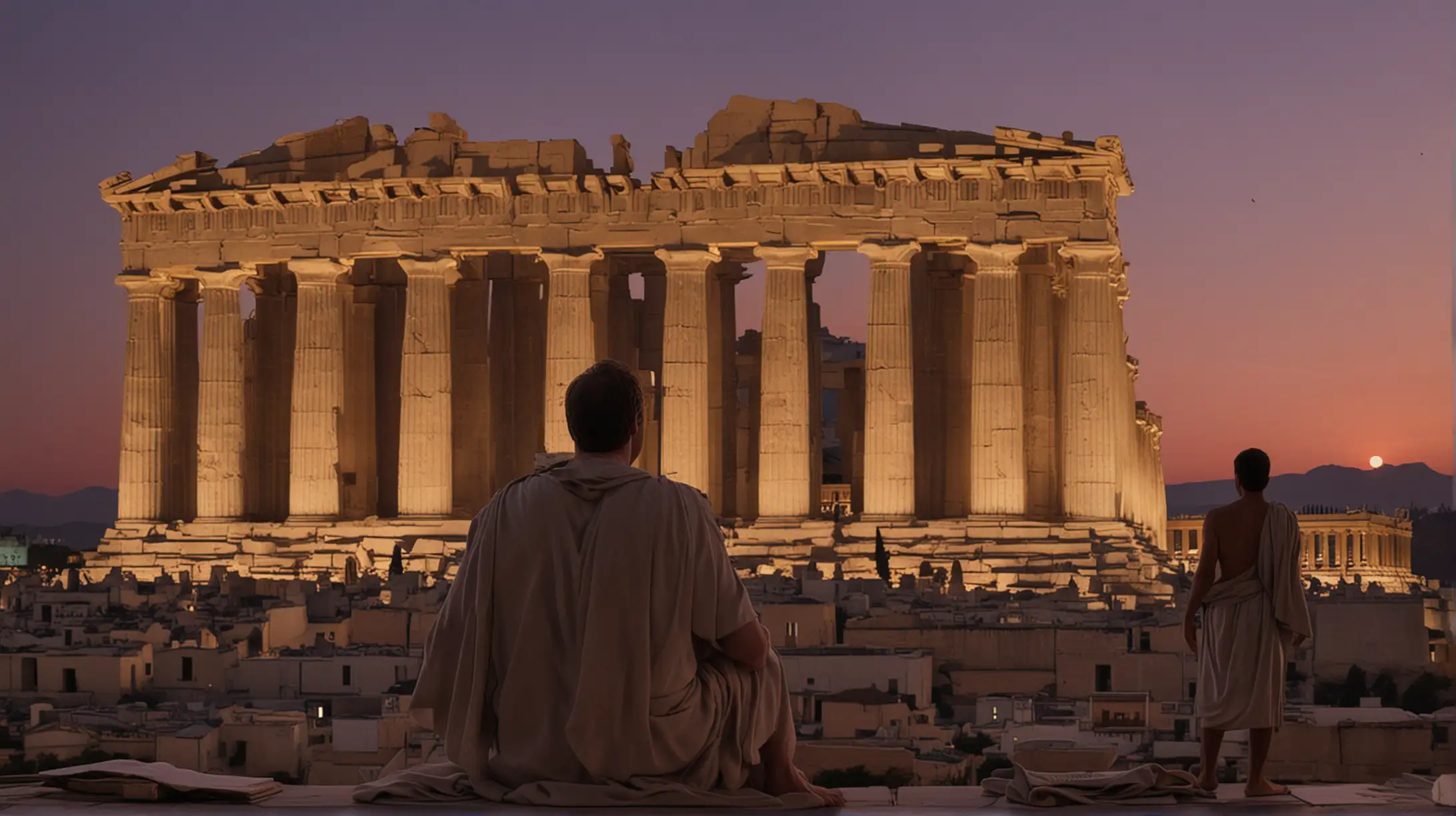 Visualization Prompt: Visualize a philosopher reflecting by a temple at dusk with the Parthenon in the background.
Image Description: At dusk, a philosopher with a lean, muscular build stands pensively by an ancient temple, with the Parthenon visible in the background. The sky is painted with hues of orange and purple as the sun sets. The philosopher's face is illuminated by the soft glow of the fading light, his expression thoughtful as he reflects on the day's teachings. The majestic temple and Parthenon in the background emphasize the grandeur and enduring legacy of Greek philosophy.