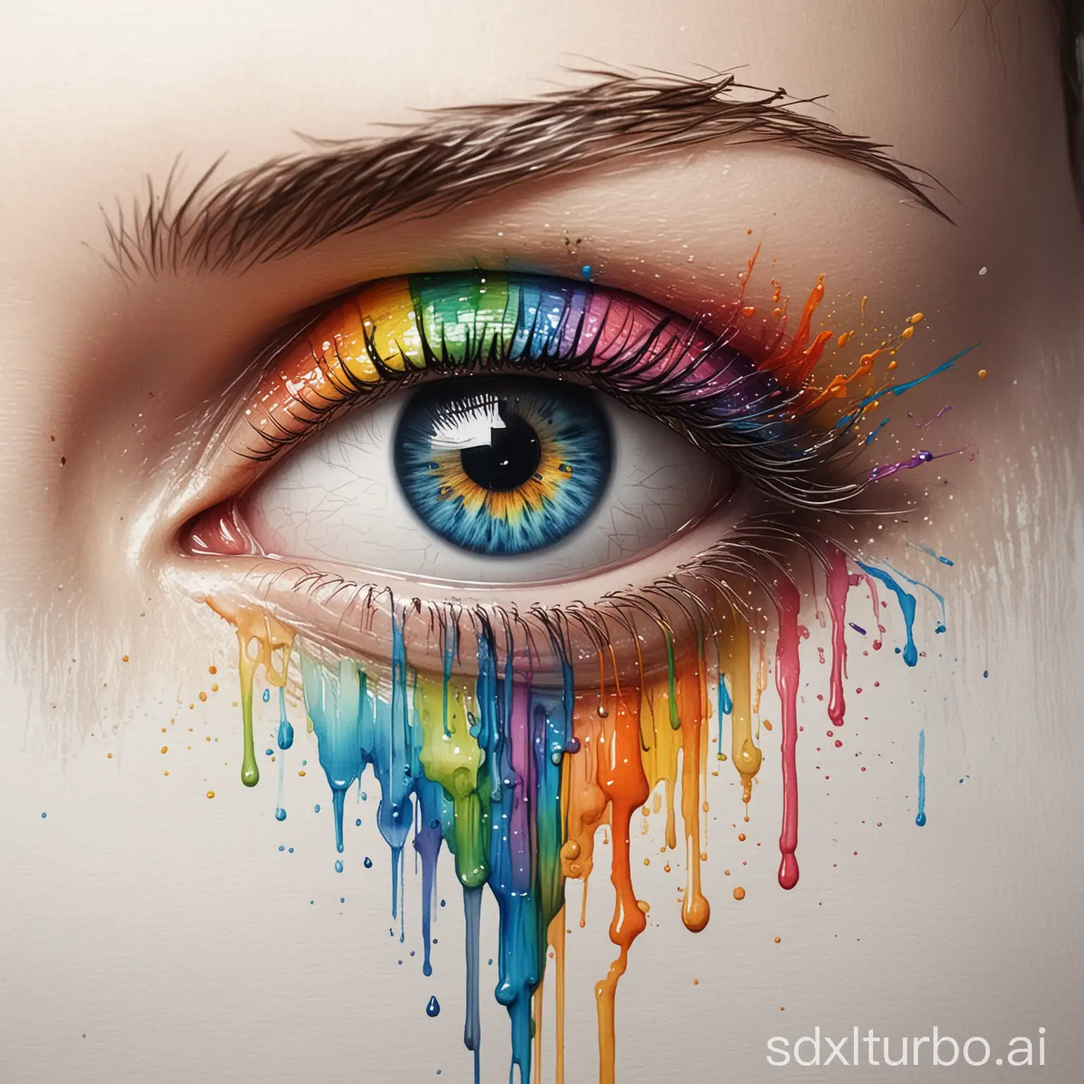 Beautiful Eye Dripping Rainbow Watercolor sketch, Surreal Eye, Eye Painting, Colorful Eyes. Ultra Realistic, high definition painting, illustration, painting, conceptual art impasto painting