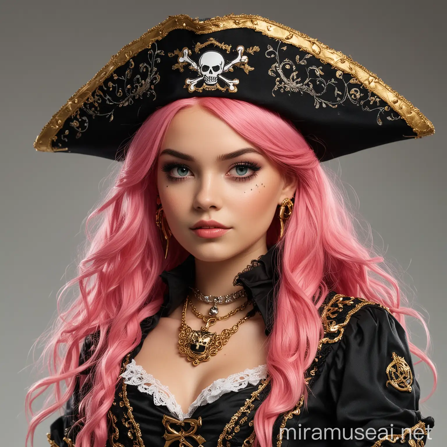 Hat: Liliana wears a black pirate hat with gold trim and a skull emblem on the front. The hat is adorned with a large red bow on the left side.
Top: She has a revealing pirate-themed outfit. Her top is black with gold accents and white frills. The top has star-shaped coverings with bows, matching the red and pink color scheme.
Accessories: Liliana wears a gold chain necklace with a turquoise pendant.
Jacket: The jacket is black with gold detailing and puffy white sleeves.
Belt: She has a wide brown belt with a large buckle around her waist.
Weapon: In her right hand, she holds a decorative gun, which seems to have a dragon or serpent design.
Face
Hair: She has long pink hair that flows over her shoulders and down her back.
Eyes: Her eyes are a striking pink color, matching her overall color theme.
Expression: Liliana has a confident and slightly mischievous expression, fitting her pirate persona.
Accessories: She has a small decorative lace and bow accessory on her left side of her face, just below her ear.