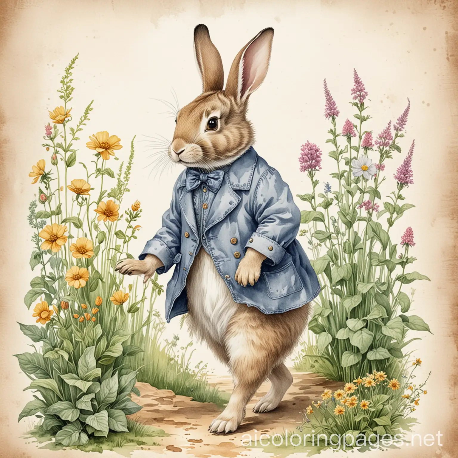 Watercolor vintage drawing of a rabbit in vintage clothes walking in the garden vintage postcard, Coloring Page, black and white, line art, white background, Simplicity, Ample White Space.