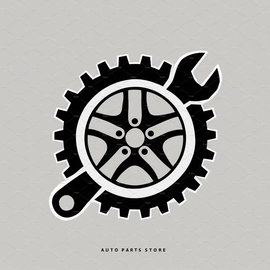 Modern Auto Parts Logo Car Wheel Gear and Wrench in Black and White