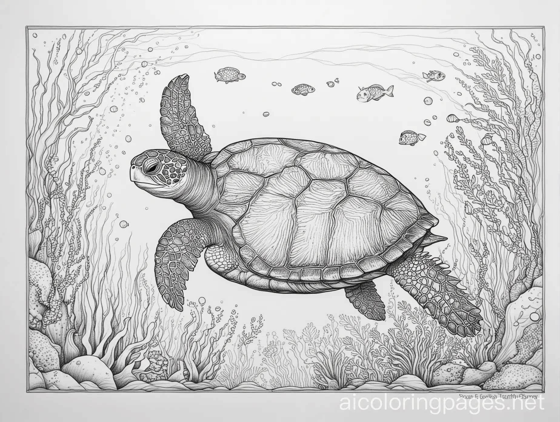 under the sea turtle asymetrical image, Coloring Page, black and white, line art, white background, Simplicity, Ample White Space. The background of the coloring page is plain white to make it easy for young children to color within the lines. The outlines of all the subjects are easy to distinguish, making it simple for kids to color without too much difficulty