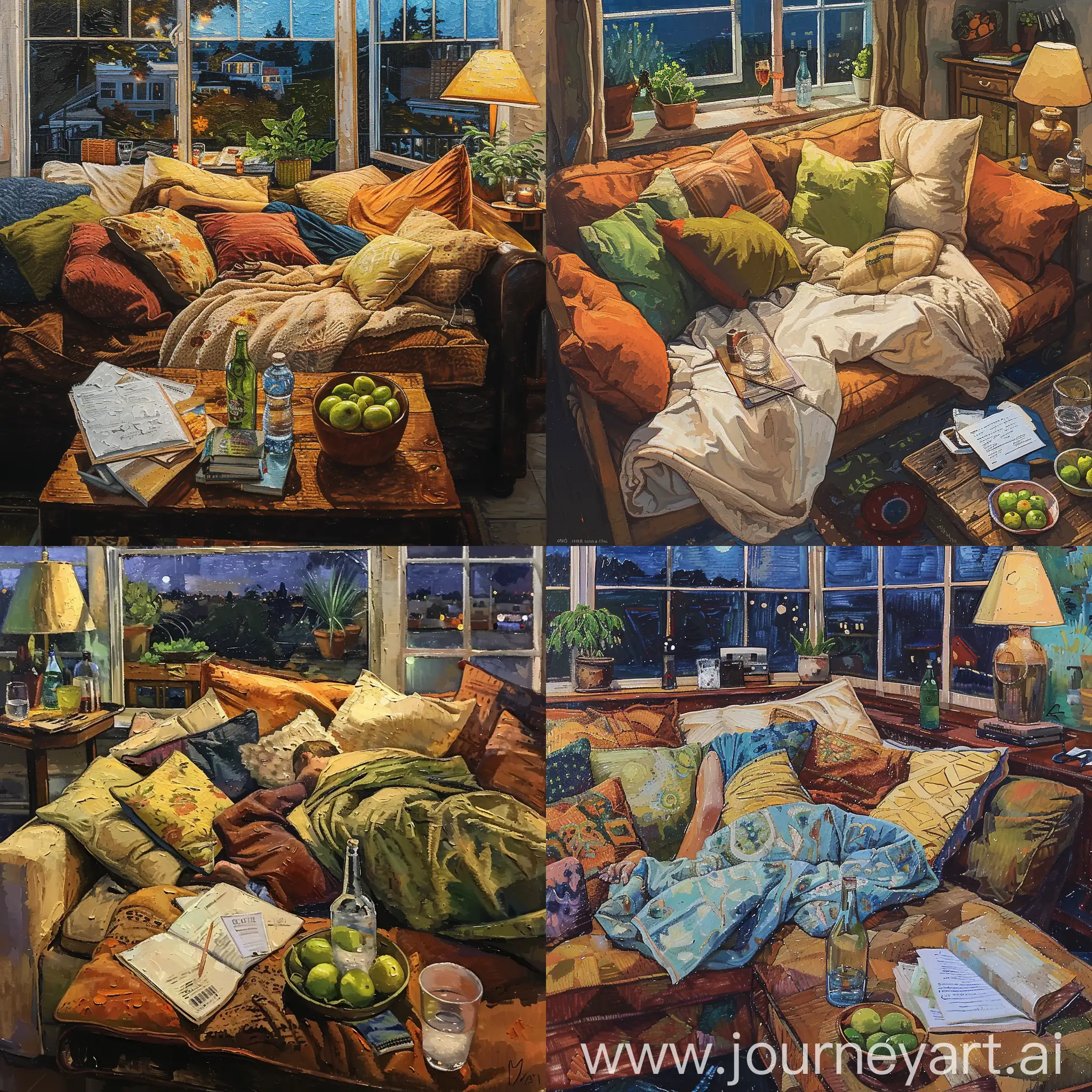 textured oil painting of an indoor scene, a person lying on the couch, The scene should include a cozy room with various pillows and a blanket on the couch, a window showing an outdoor view, a side table with a glass of water, a bottle, and papers or a book. Add a bowl of green fruit and a potted plant for a natural touch, Use an warm earthy color palette and paint a textured painting style, scene is in nighttime, van gogh style --ar 16:9

