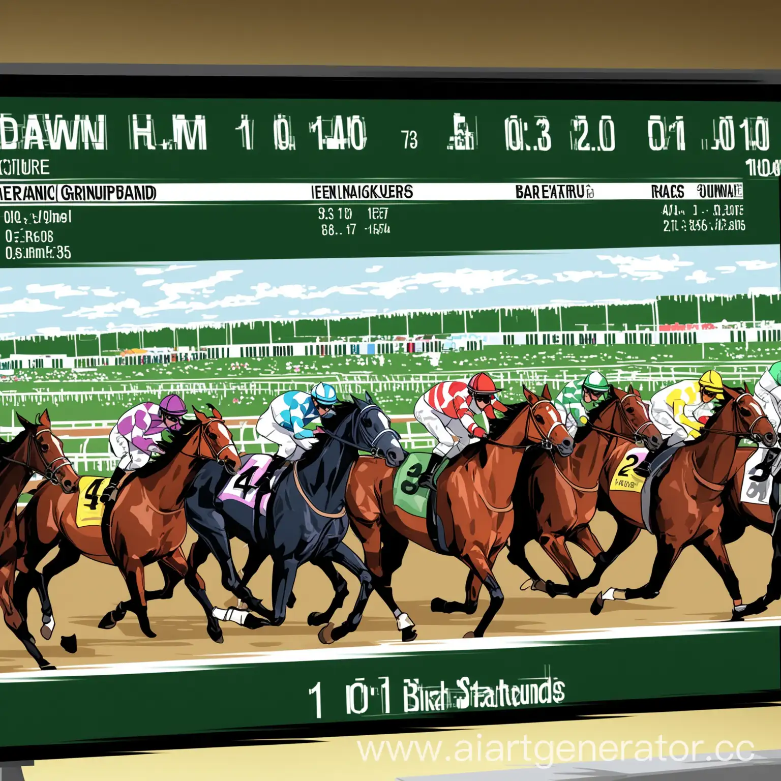 нарисованный рисунок в электронном формате с изображением скачек, лошадей, трибун
