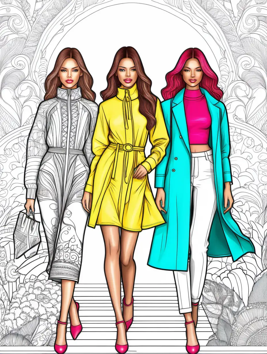 models in different outfits, coloringbook cover, 