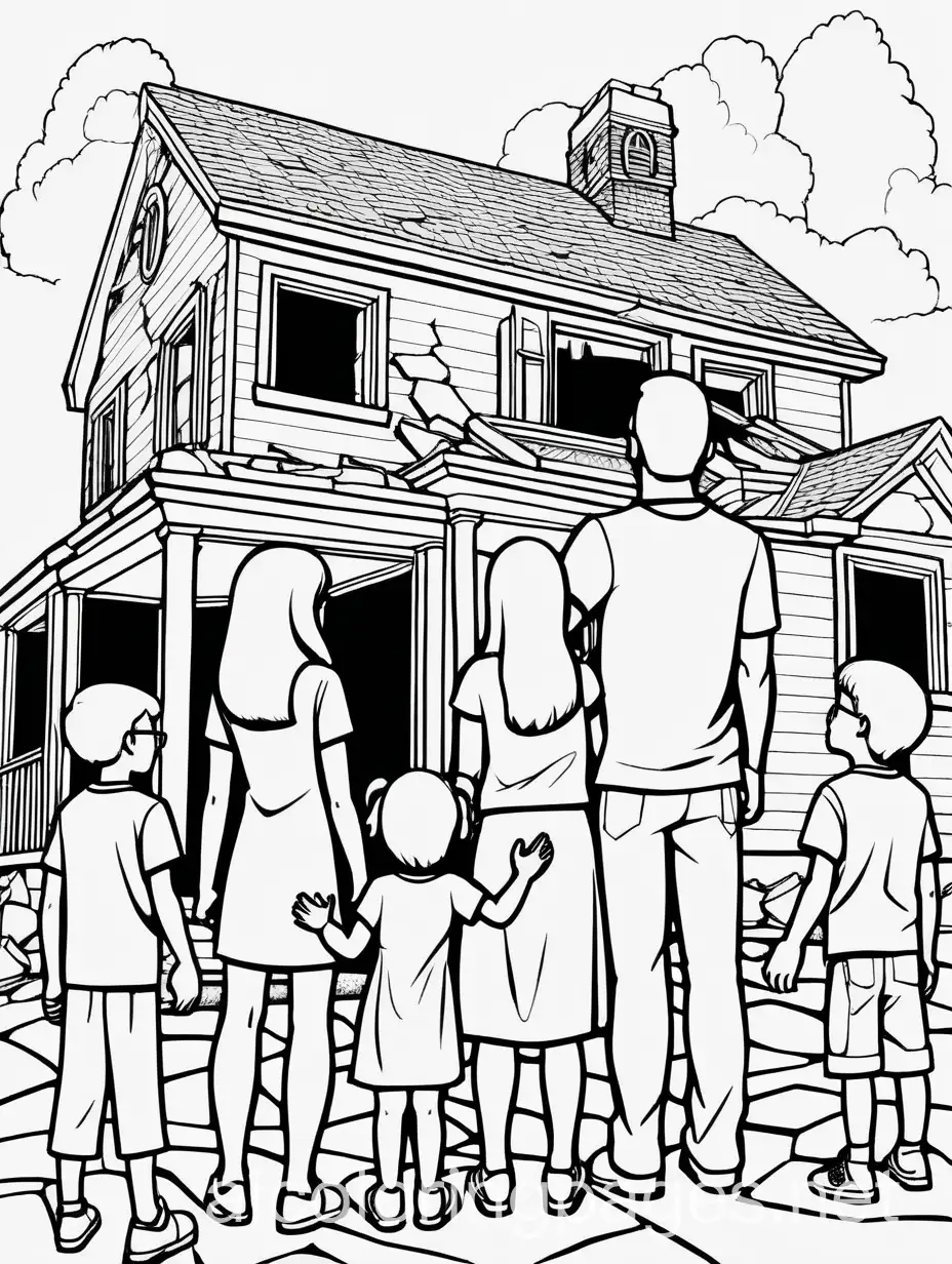 Family Standing backs to you, faces raised upwards in solemn contemplative worship, in front of a destroyed house (Theres a father, mother, and three kids of various ages)

no weird arms or hands or random torsos, Coloring Page, black and white, line art, white background, Simplicity, Ample White Space. The background of the coloring page is plain white to make it easy for young children to color within the lines. The outlines of all the subjects are easy to distinguish, making it simple for kids to color without too much difficulty