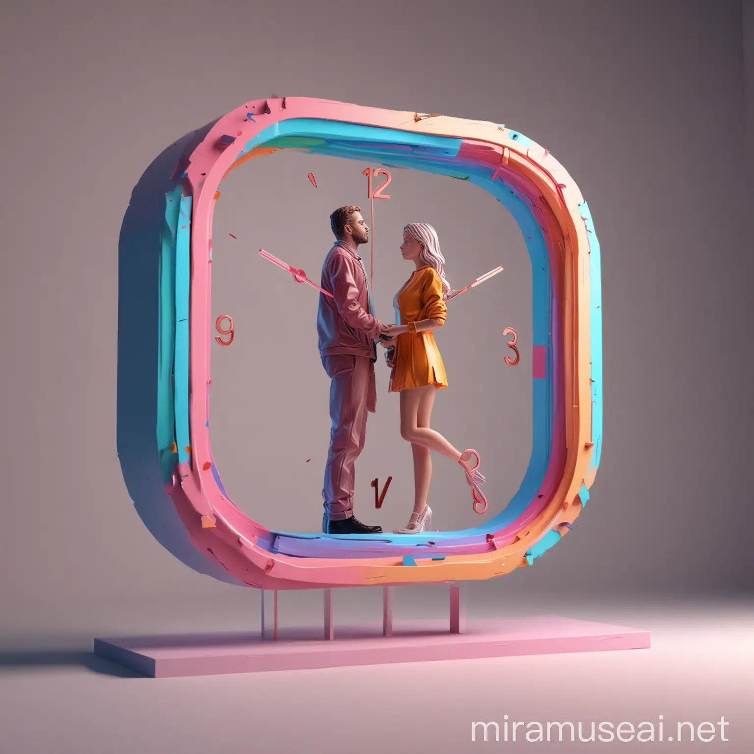 3D 8k sketch meaningful minimal beauty girl inside the colorful minimal clock with her love man 