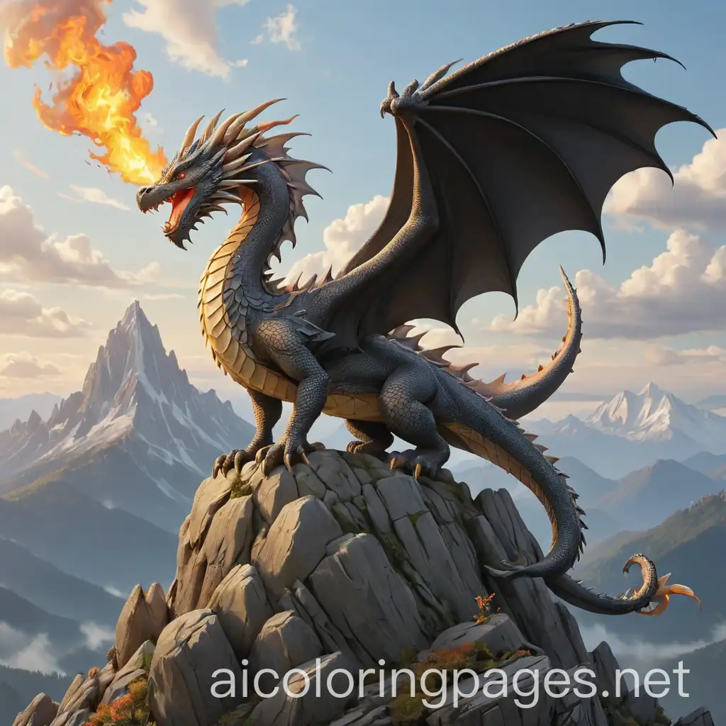 Create a fine art dragon perched atop a mountain peak, breathing fire into the sky. The dragon's crest should glow with intense heat. The lines should be thick and clear, without any shading, solid black or fine detail lines., Coloring Page, black and white, line art, white background, Simplicity, Ample White Space. The background of the coloring page is plain white to make it easy for young children to color within the lines. The outlines of all the subjects are easy to distinguish, making it simple for kids to color without too much difficulty