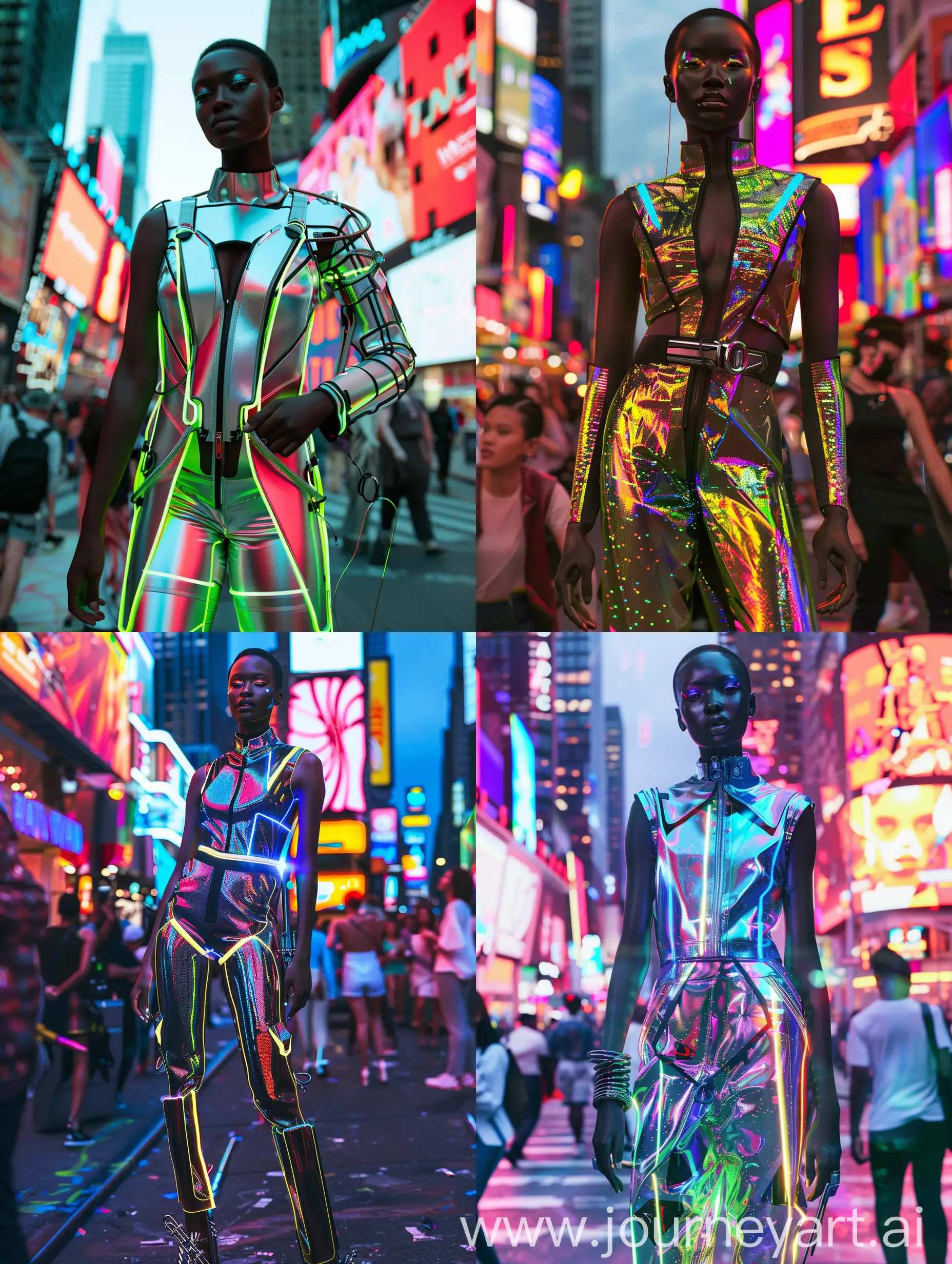 /imagine prompt: A full-figure shot of a dark-skinned woman, wearing a sleek, futuristic holographic jumpsuit with asymmetrical cuts and neon accents, complemented by minimalistic metal accessories, amidst a bustling urban neon-lit street --ar 3:4 --v 6.0