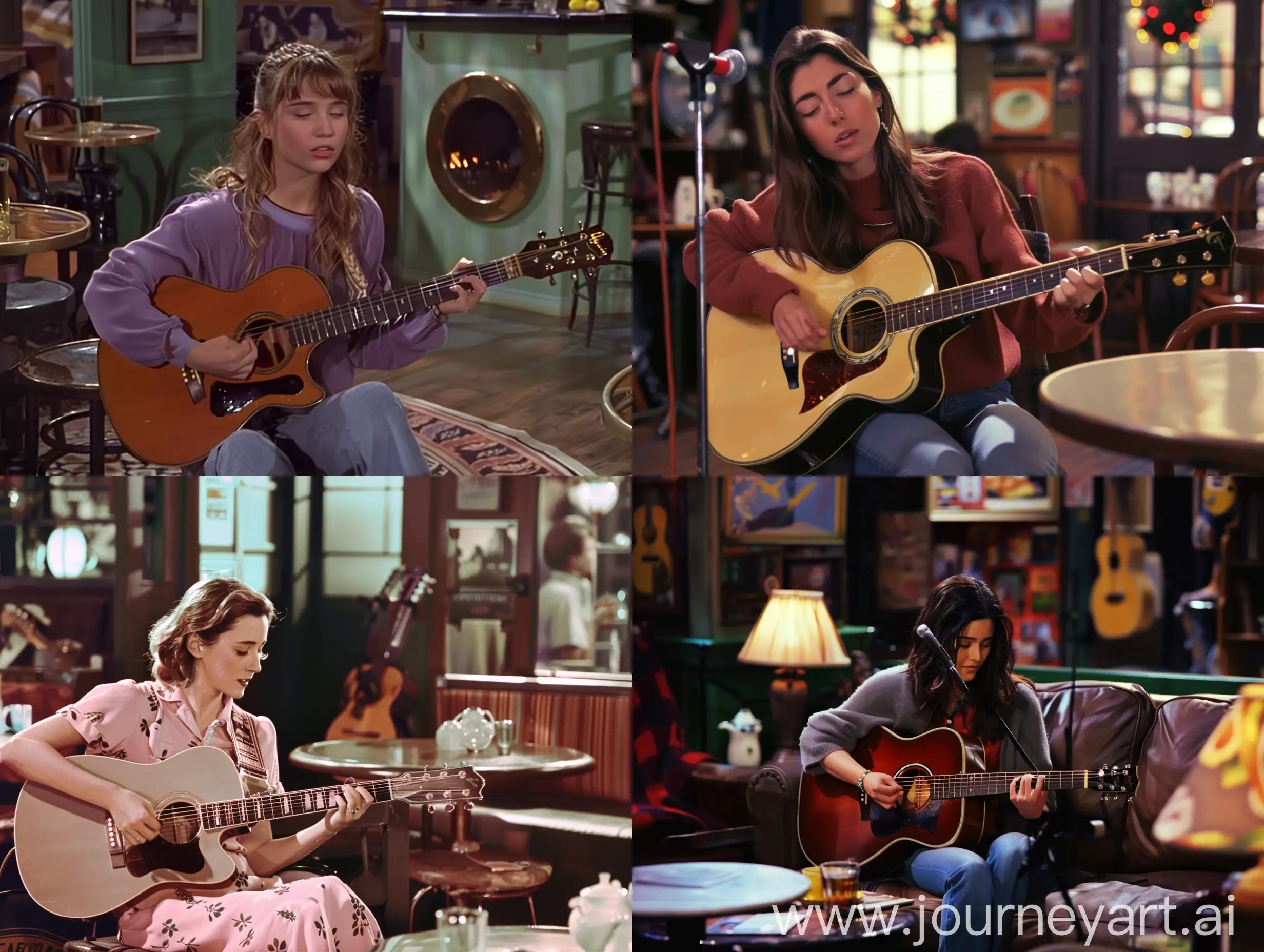 Phoebe Buffay playing guitar at Central Perk Cafe from friends,1950's super panavisison 70 , colory image