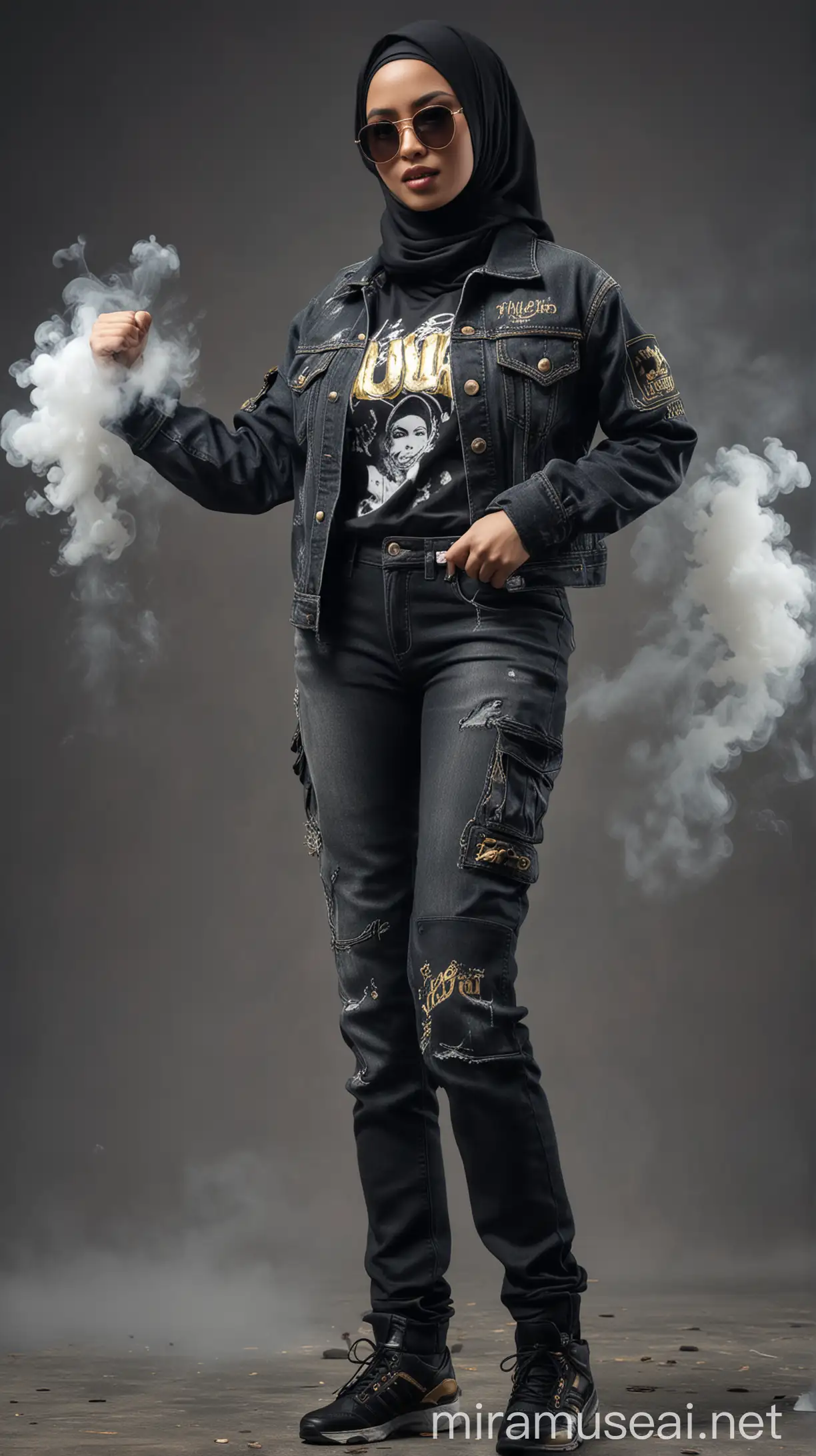 ULTRA REALISTIC high definition, beautiful Indonesian woman wearing a black hijab, wearing a jeans jacket that says "AYU" posing with clenched fists, facing the camera, wearing sunglasses, wearing black tactical pants, wearing tactical shoes, in thick white smoke with gold highlights