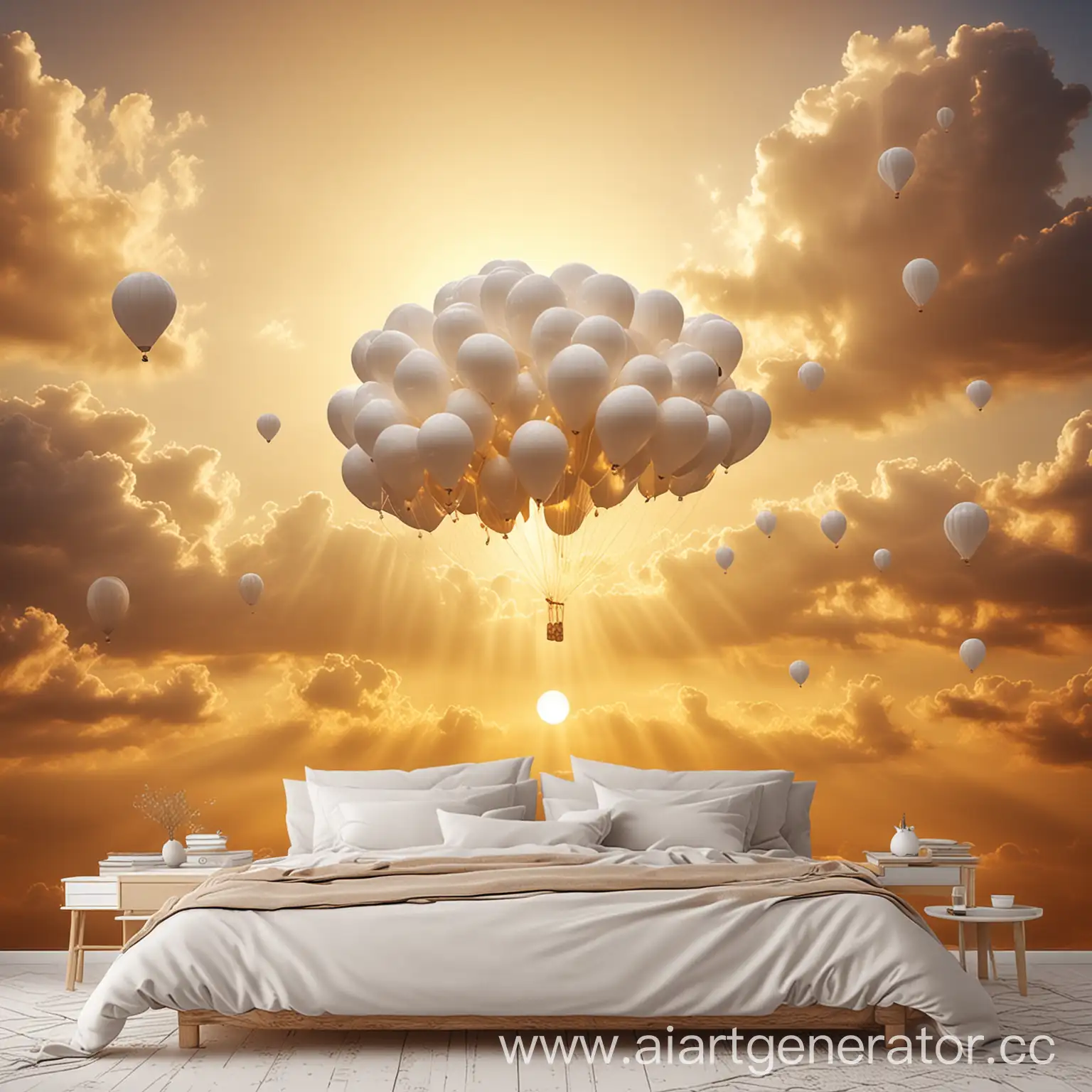  белые гелевые воздушные шарики в форме облака, с золотой дымкой, на фоне неба, закатные нежные золотые лучи. нежная картинка, уютная картинка, полная света и белых оттенков