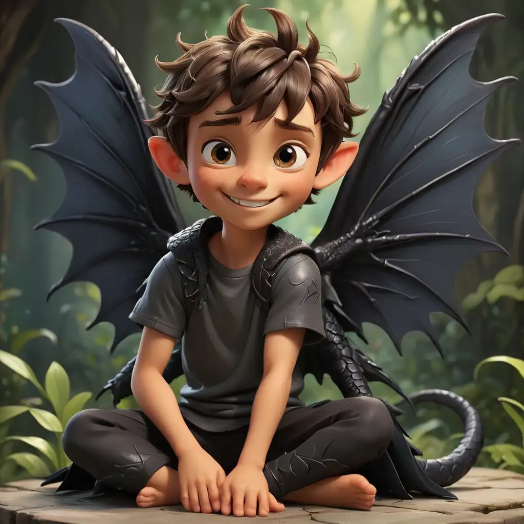 A handsome boy fairy, with beautiful FAIRY WINGS, 3D, Disney style, with a happy black dragon sitting