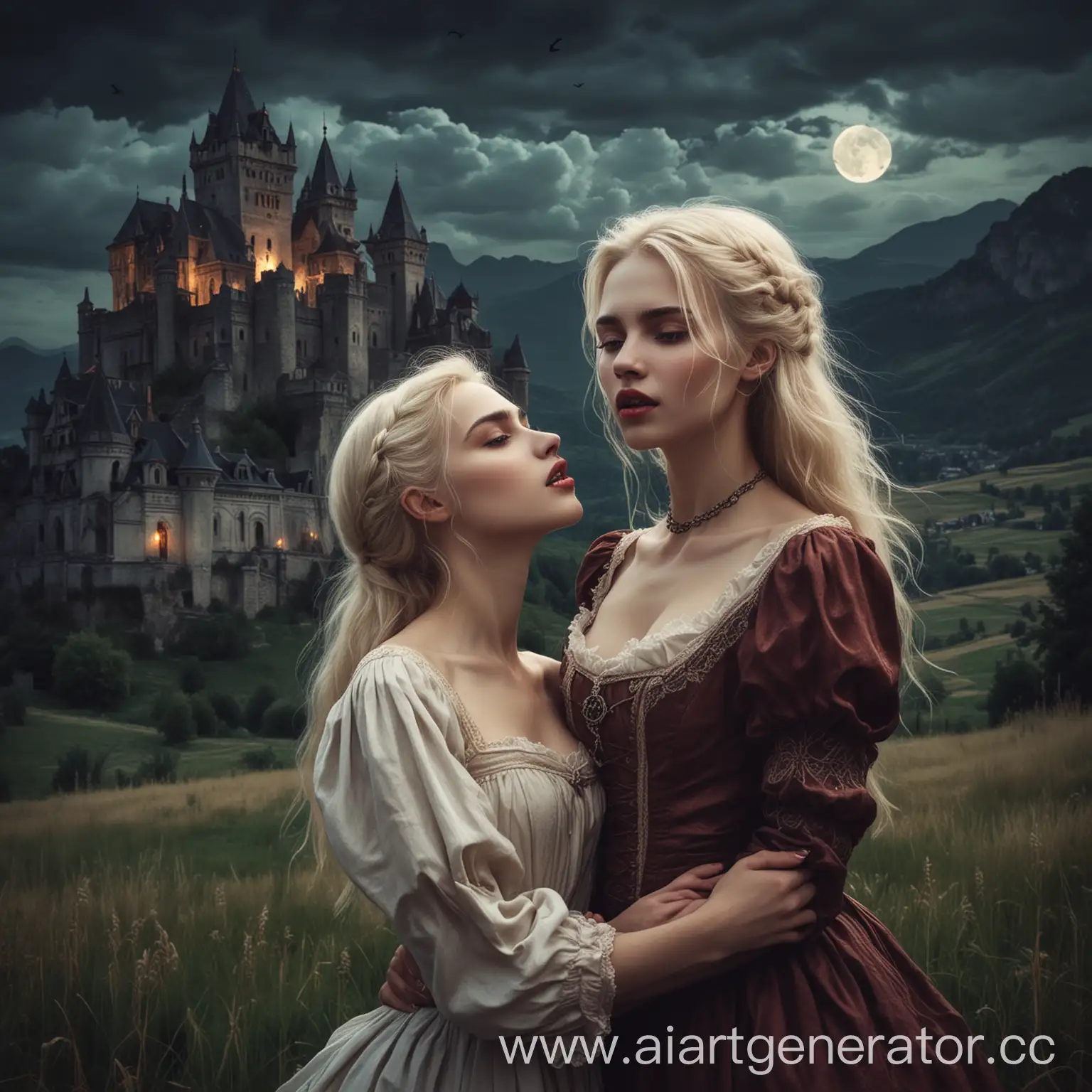 Young-Vampire-Biting-Pale-Girl-by-Ancient-Castle-in-Romantic-Night-Scene