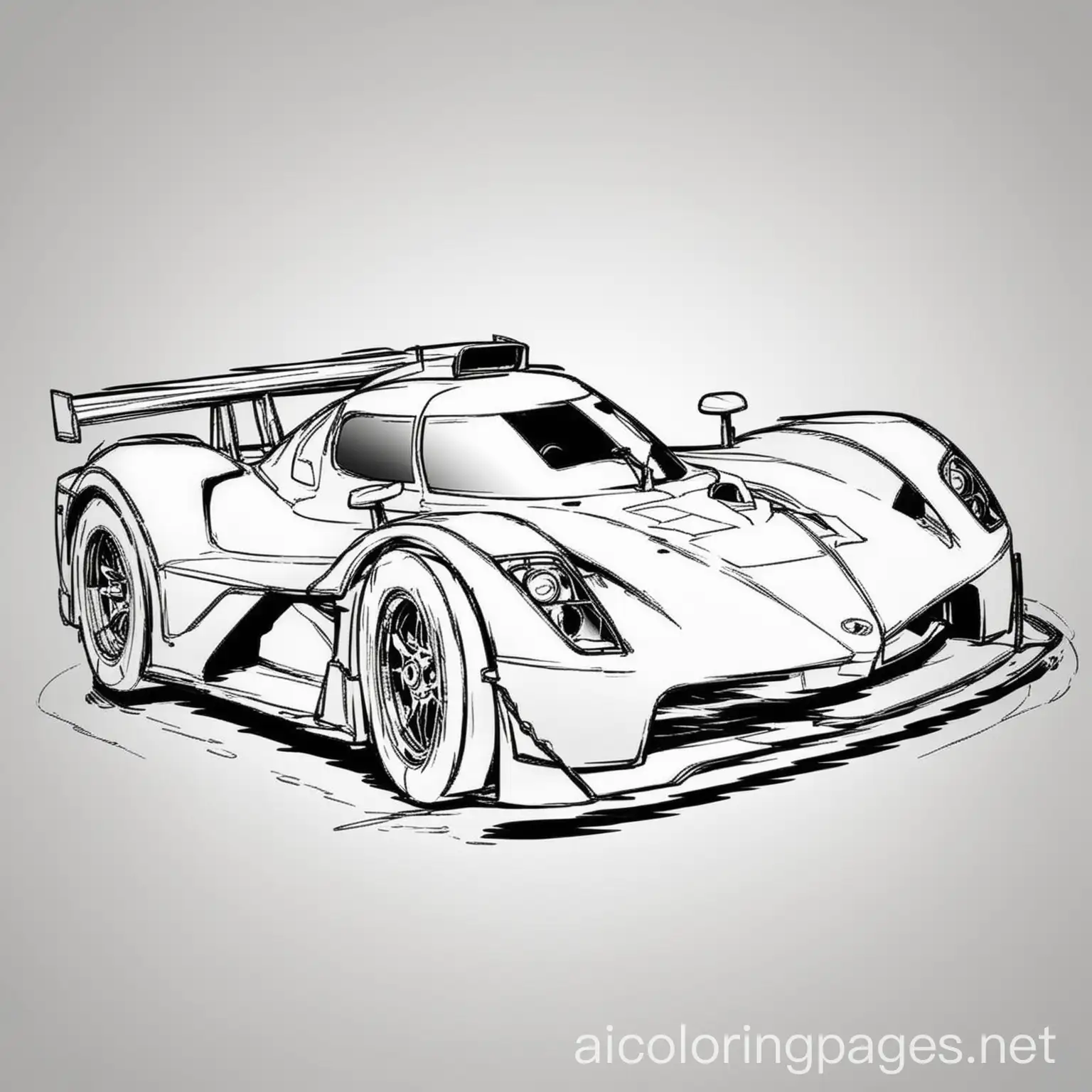 fast racing car coloring page, Coloring Page, black and white, line art, white background, Simplicity, Ample White Space. The background of the coloring page is plain white to make it easy for young children to color within the lines. The outlines of all the subjects are easy to distinguish, making it simple for kids to color without too much difficulty