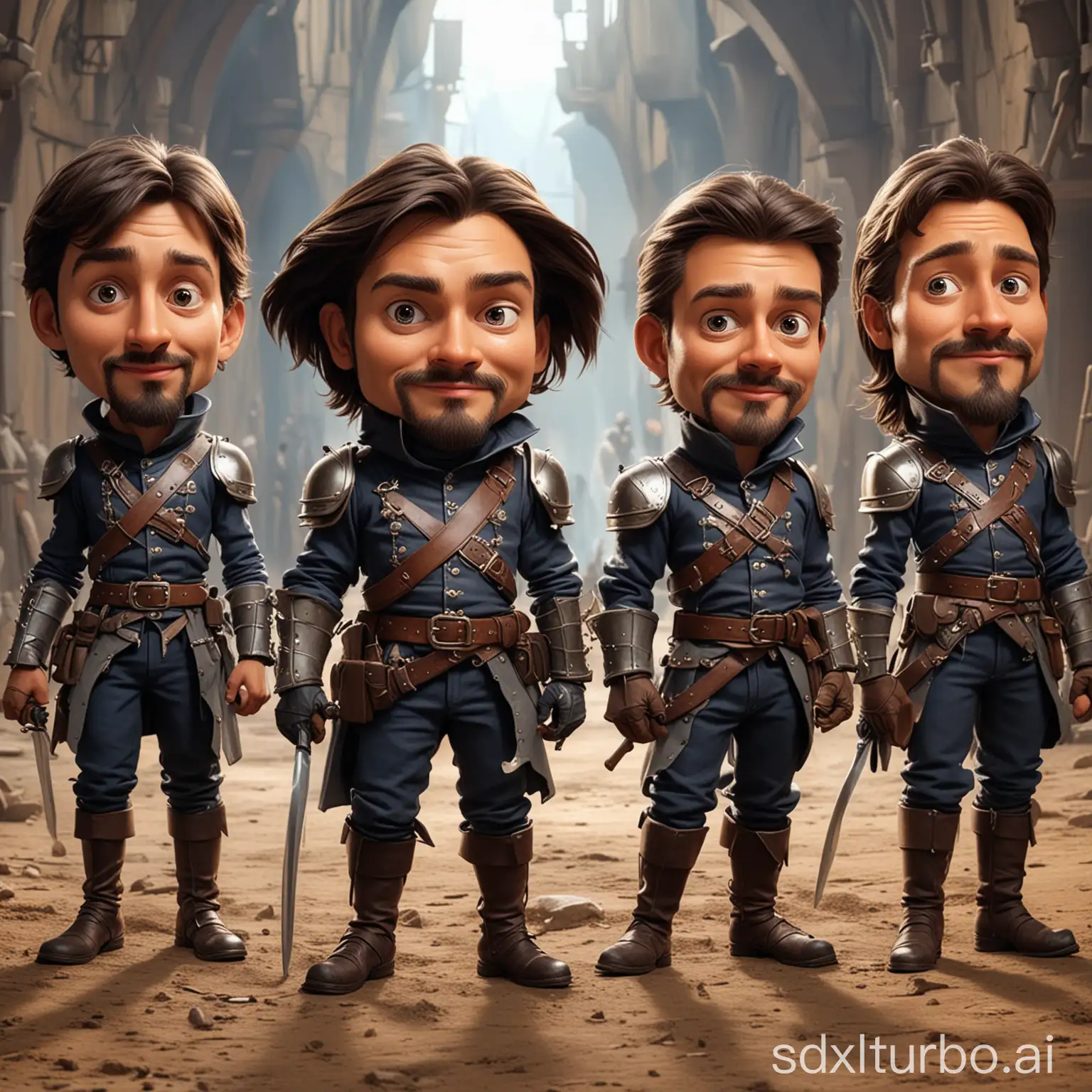 head to toe cartoon caricature of the Musketeers (((without mask))) in futuristic Musketeers costume, exageration, big head caricature style, full body view, movie scene film background, high quality, best quality