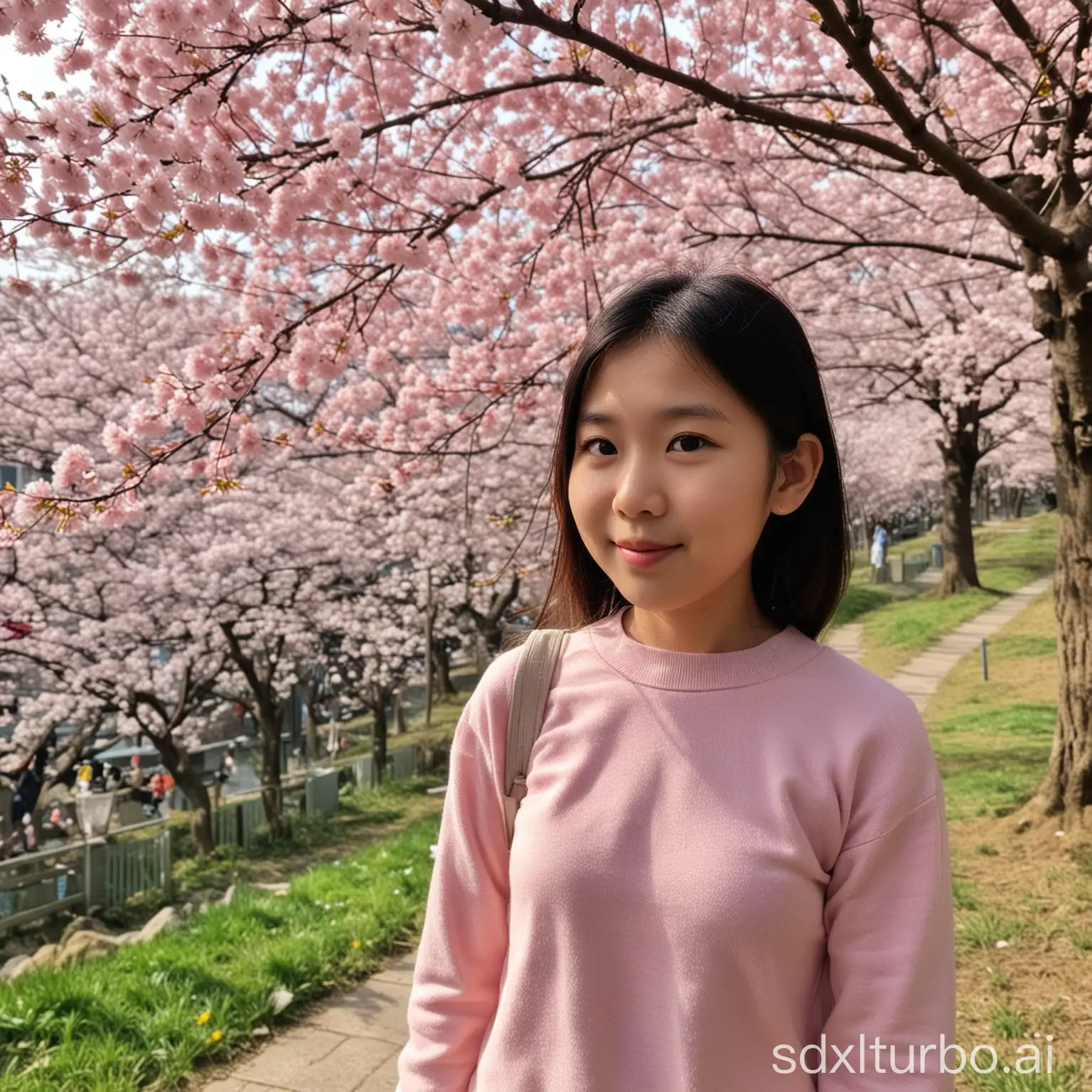 Next to the girl, there are blooming cherry blossoms everywhere.