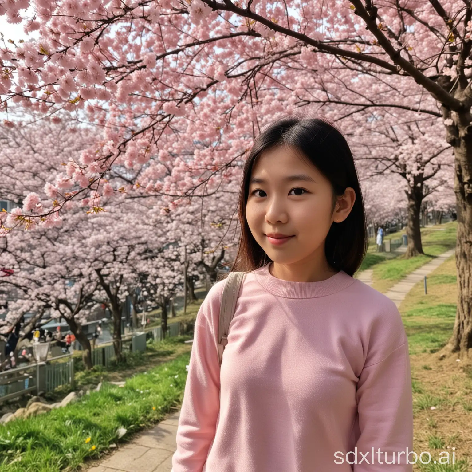 Girl Surrounded by Blooming Cherry Blossoms | SDXL Free Online