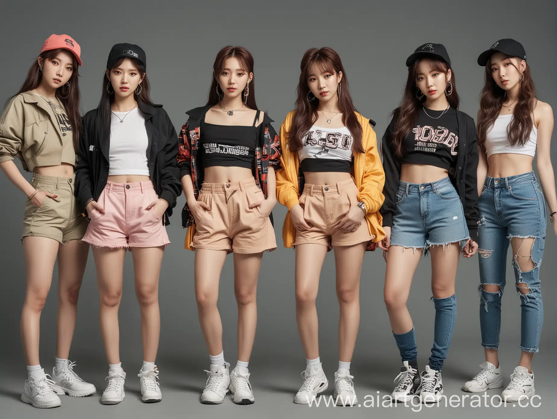 5 девушек корейской внешности в стиле k-pop, одеты в стиле hip-hop в полный рост