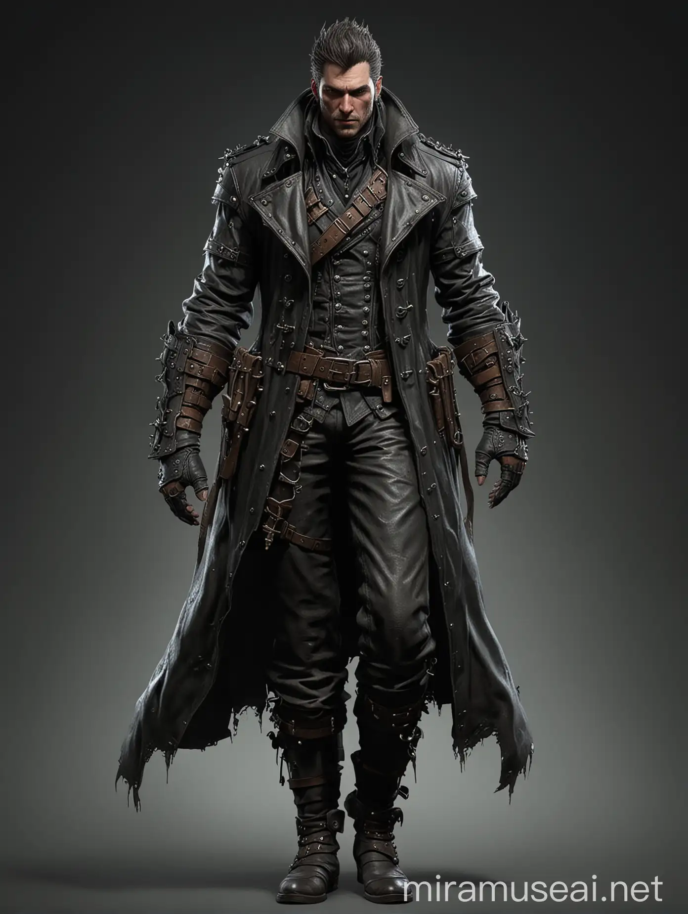 Fantasy character design, fullbody, strong male, heavy leather coat with many buckles, bloodborne