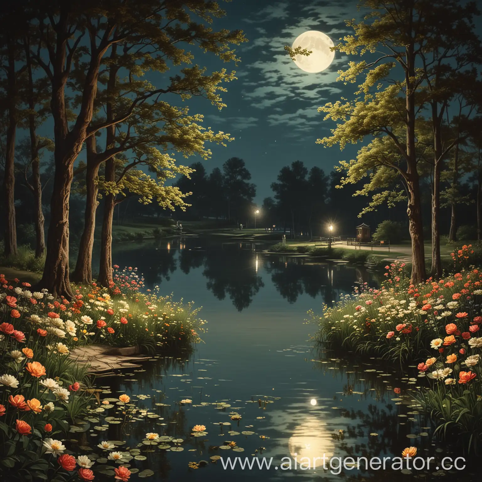 ночной парк начала 20 века с деревьями, луной, озером и цветами, освещенные фонарем