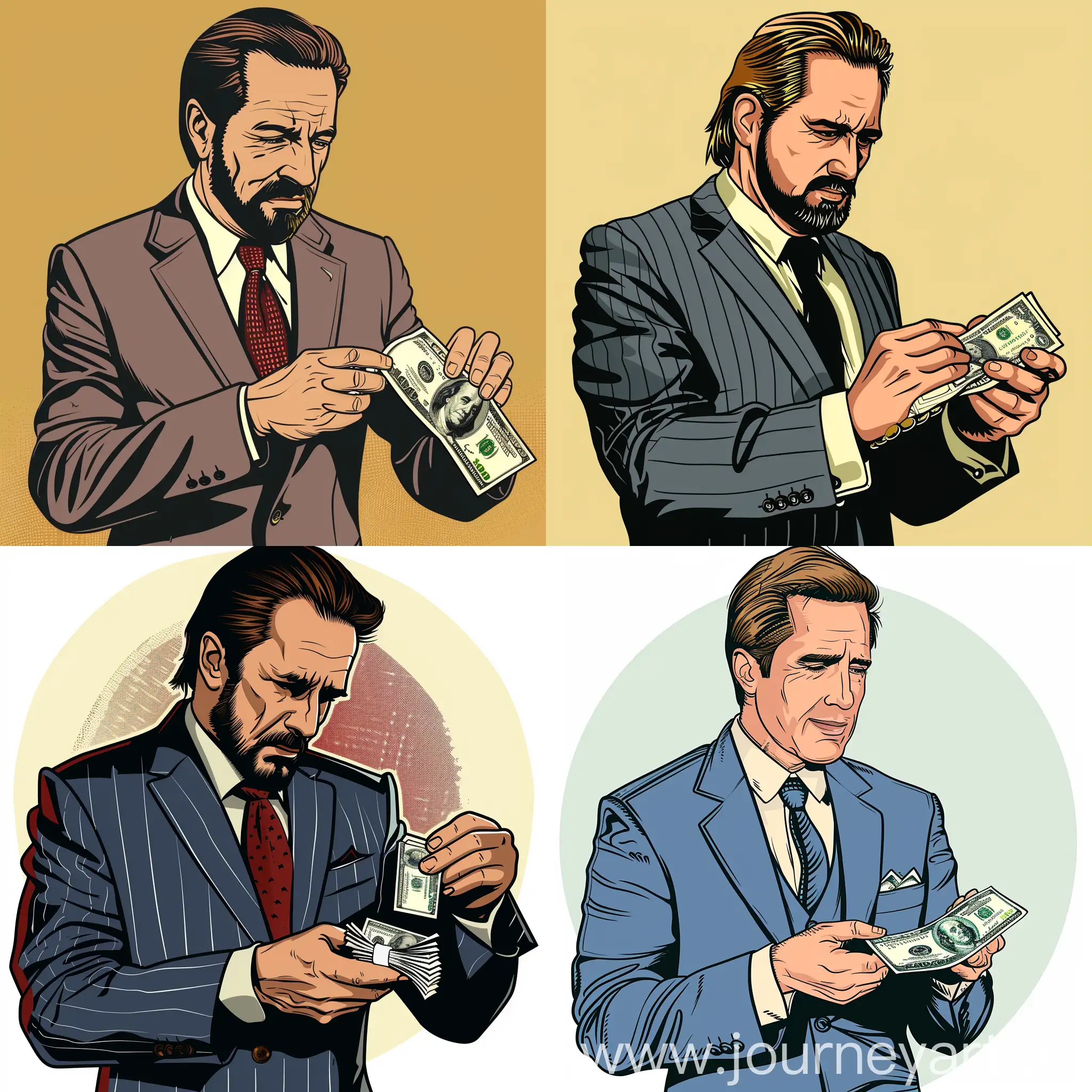 Nicolas Cage in a business suit counts a wad of money in cartoon style