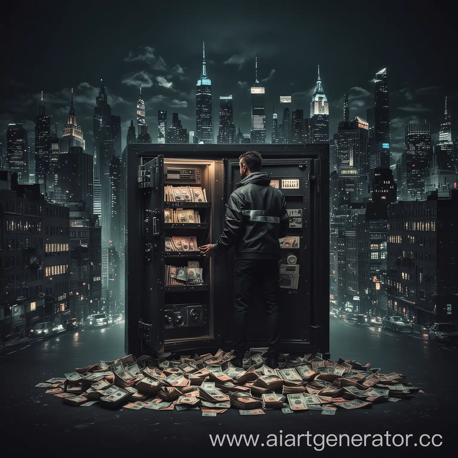Мужчина стоит с деньгами в руках, рядом с сейфом, в котором куча банкнот. На фоне красивый темный город в неоновом стиле, похожий на Нью-Йорк