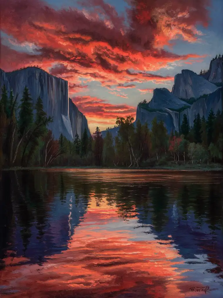 Vibrant Sunset Landscape Painting of Yosemite National Park