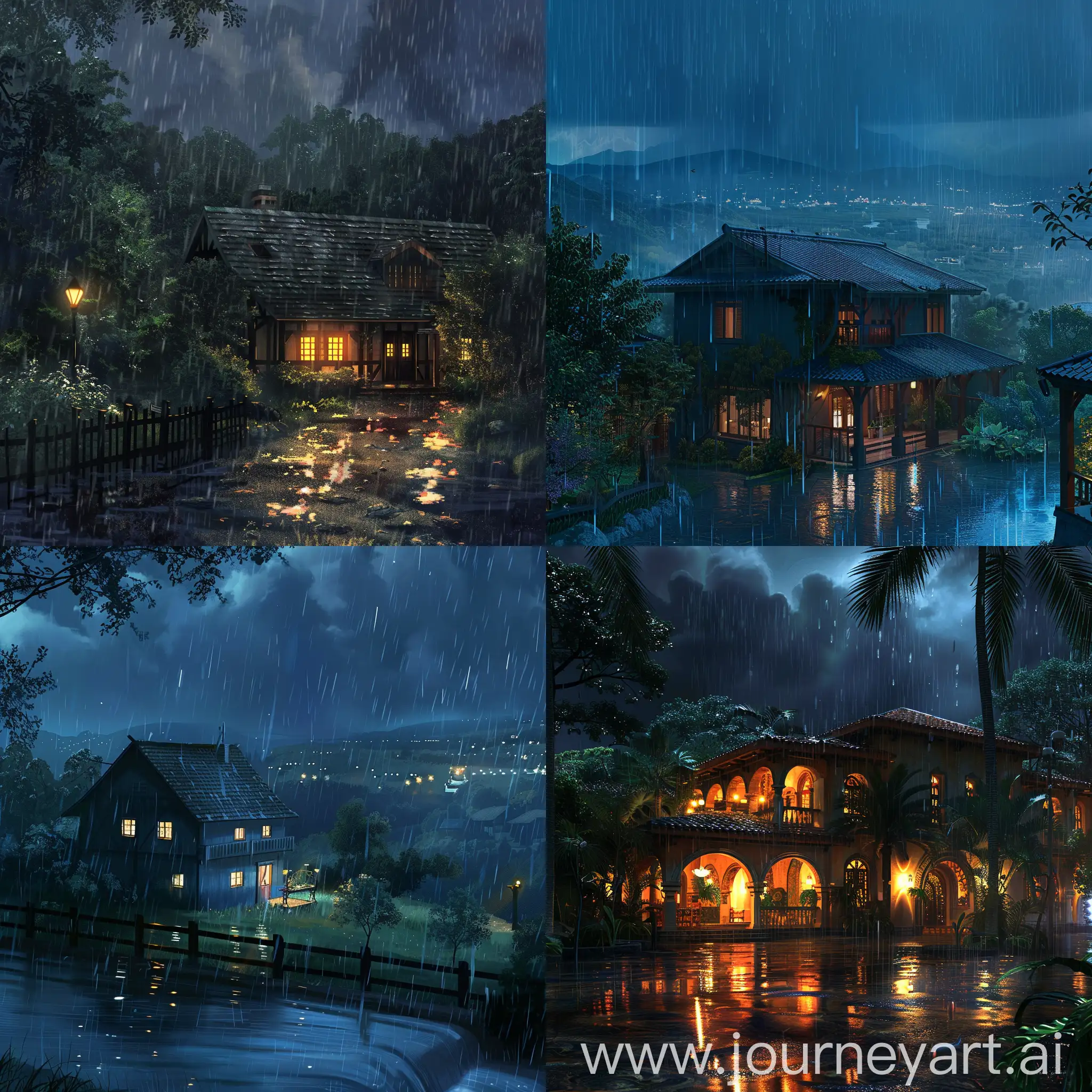 a beautiful house, isolated from the city, in the midst of the rain, at night, beautiful scenery