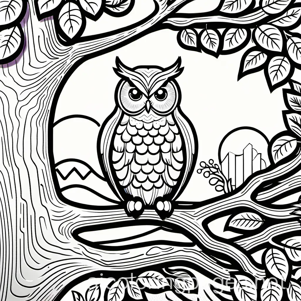 Owl on a tree branch, black and white, clean lines, thick lines, Coloring Page, black and white, line art, white background, Simplicity, Ample White Space. The background of the coloring page is plain white to make it easy for young children to color within the lines. The outlines of all the subjects are easy to distinguish, making it simple for kids to color without too much difficulty